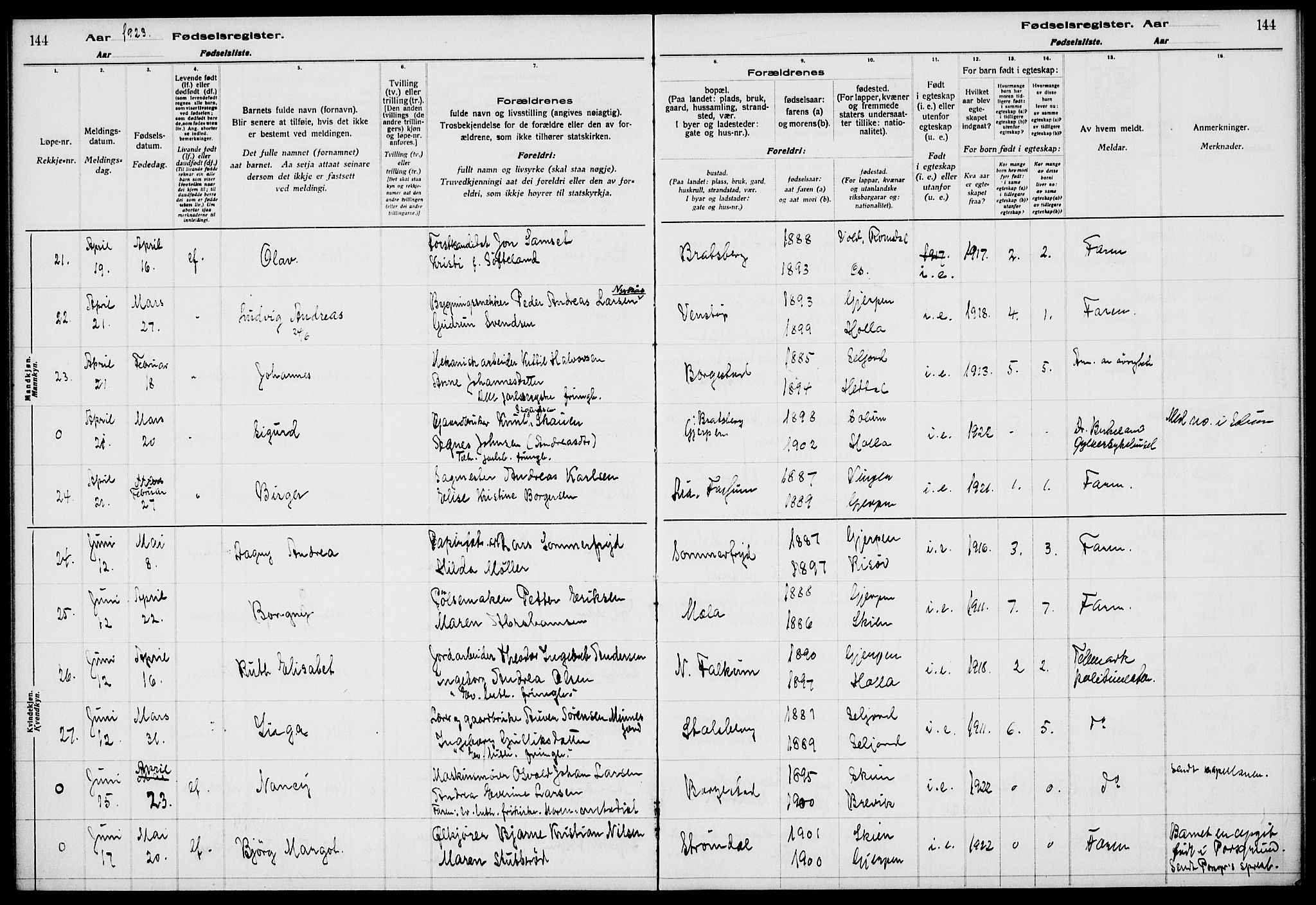 Gjerpen kirkebøker, AV/SAKO-A-265/J/Ja/L0001: Birth register no. I 1, 1916-1926, p. 144