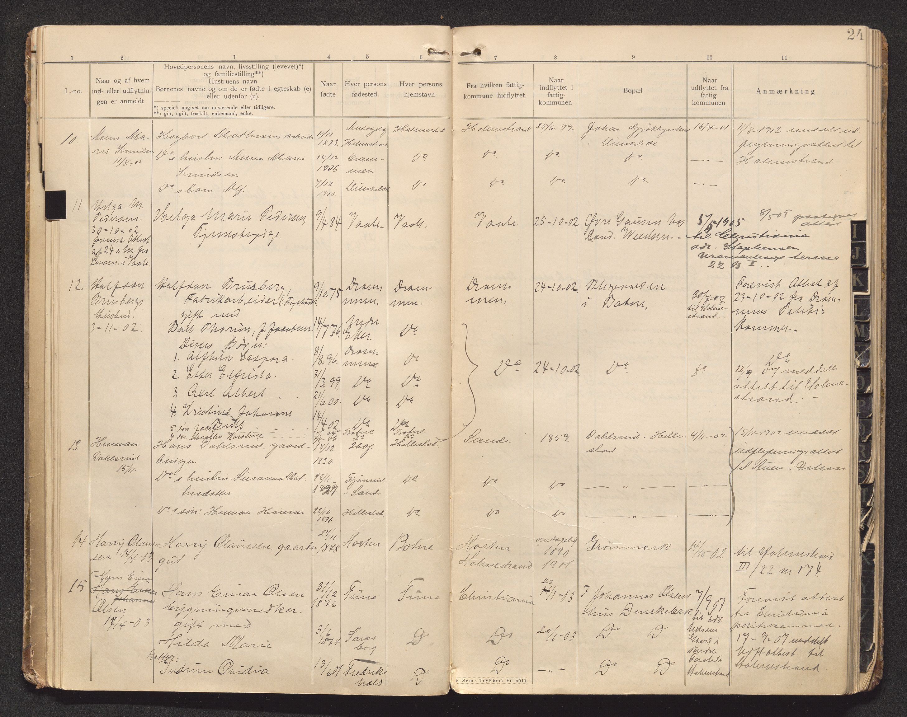 Botne lensmannskontor, SAKO/A-534/O/Oa/L0001: Protokoll over inn- og utflyttede, 1901-1905, p. 23b-24a