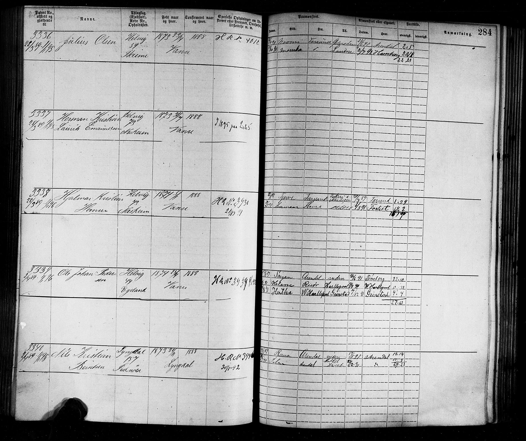 Farsund mønstringskrets, SAK/2031-0017/F/Fa/L0002: Annotasjonsrulle nr 1921-3815 med register, M-2, 1877-1894, p. 315