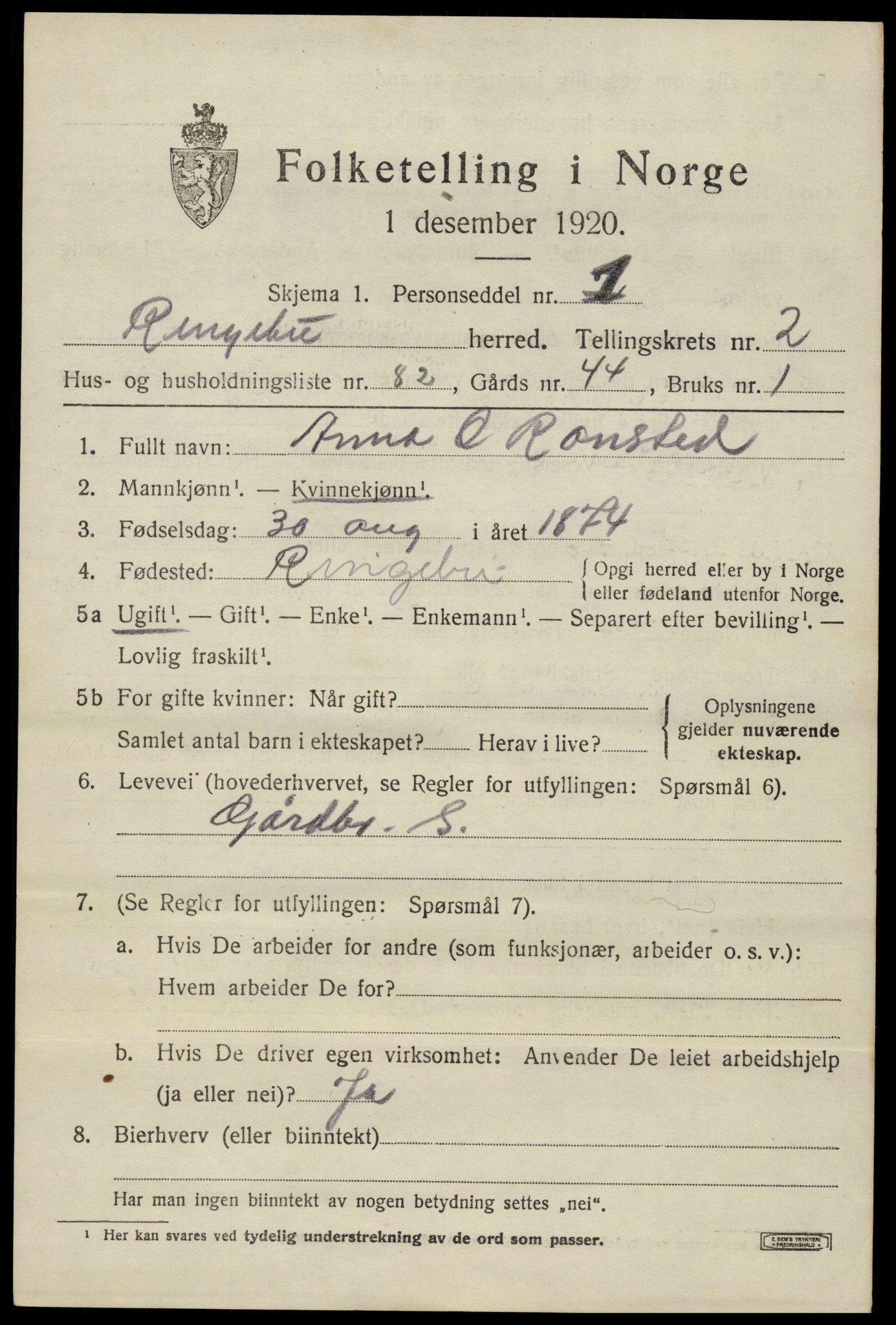 SAH, 1920 census for Ringebu, 1920, p. 3581