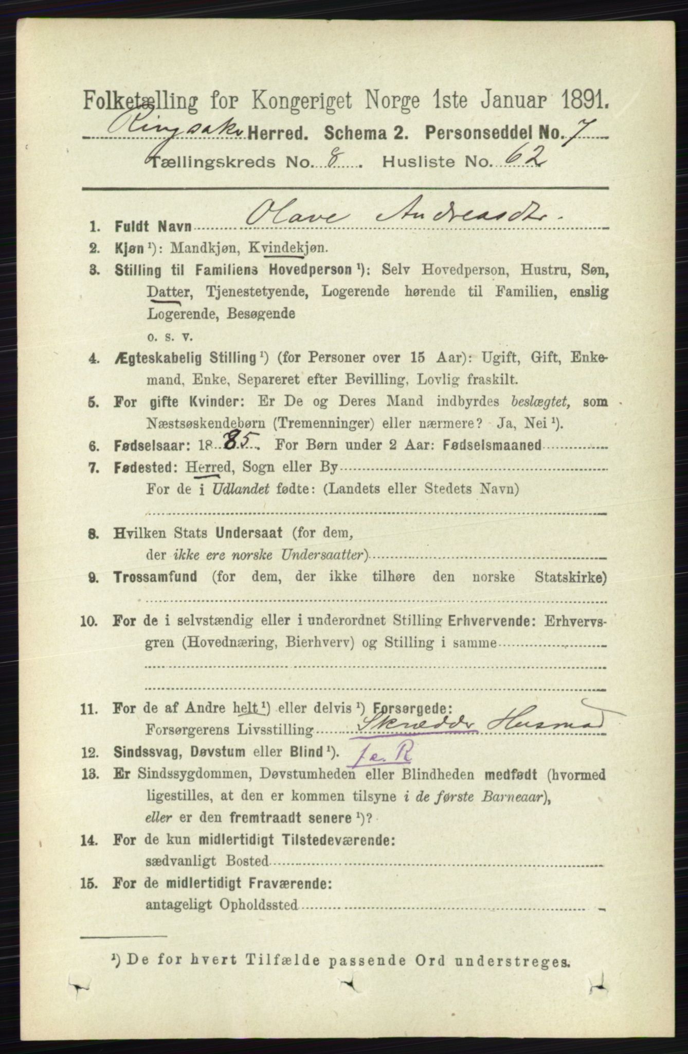 RA, 1891 census for 0412 Ringsaker, 1891, p. 4817