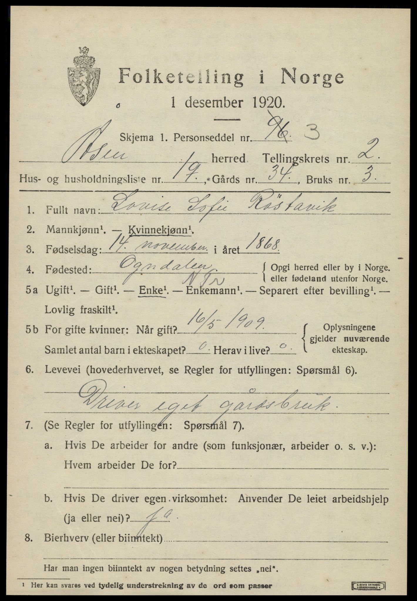 SAT, 1920 census for Åsen, 1920, p. 1898