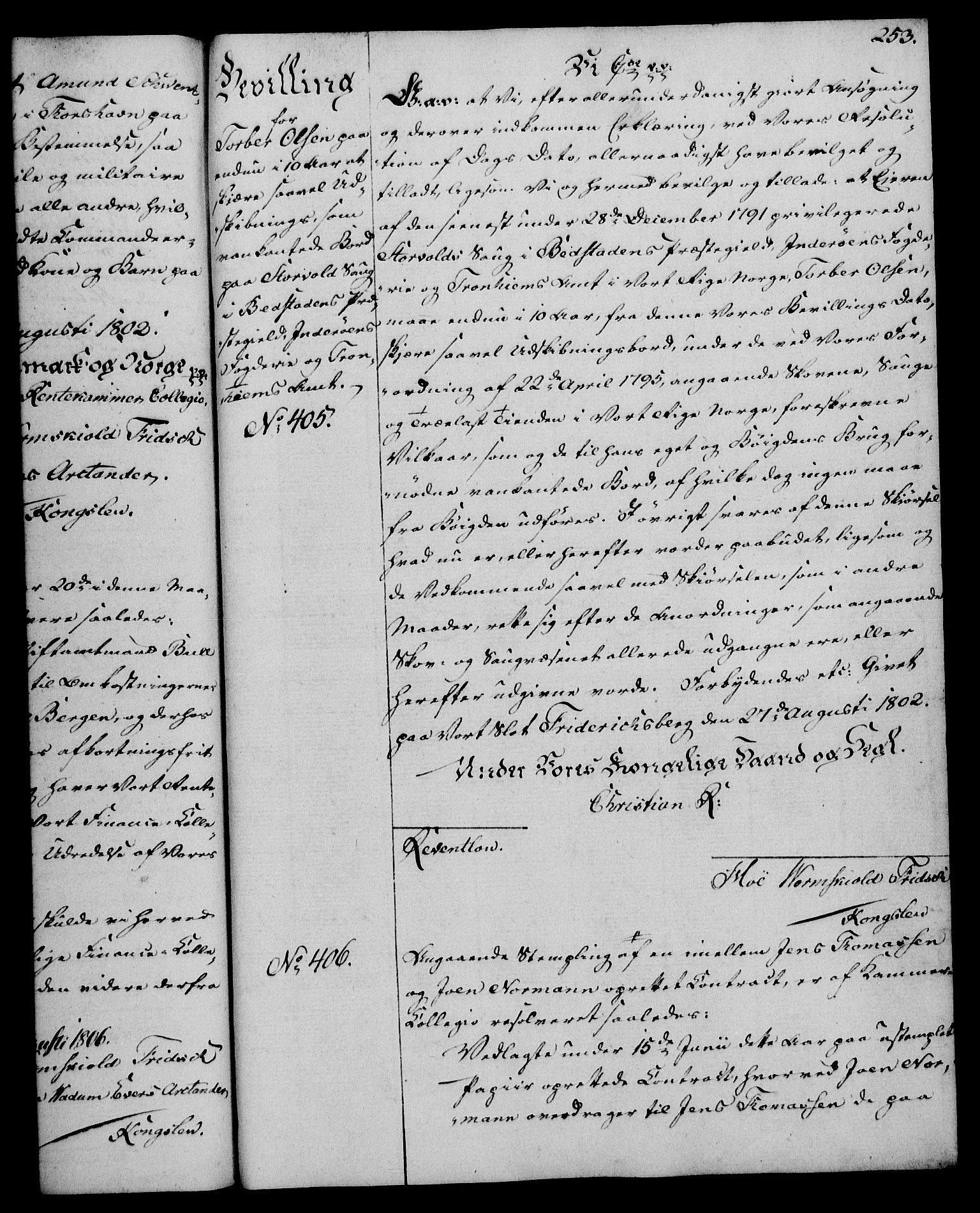 Rentekammeret, Kammerkanselliet, AV/RA-EA-3111/G/Gg/Gga/L0017: Norsk ekspedisjonsprotokoll med register (merket RK 53.17), 1801-1803, p. 253