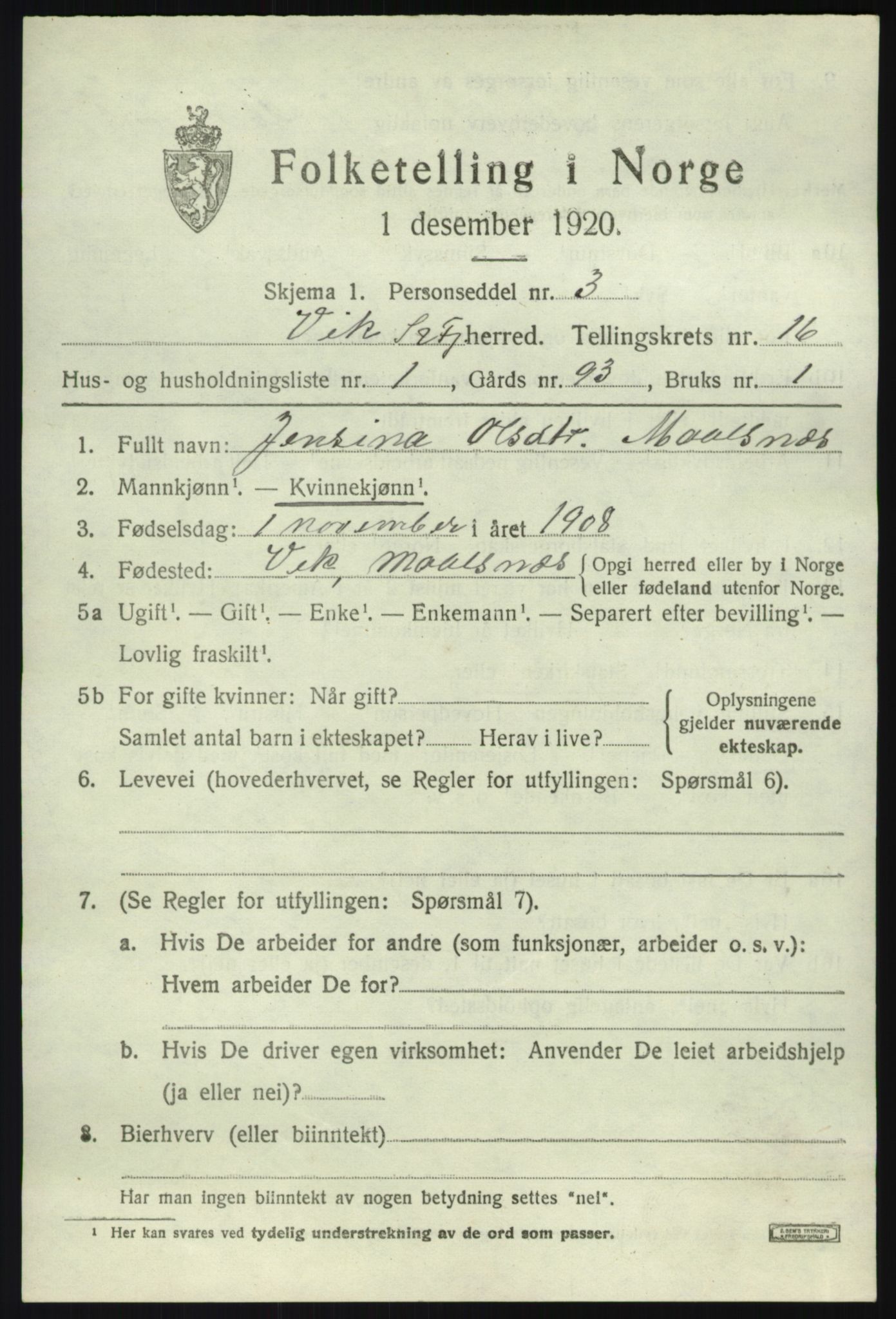 SAB, 1920 census for Vik, 1920, p. 8083