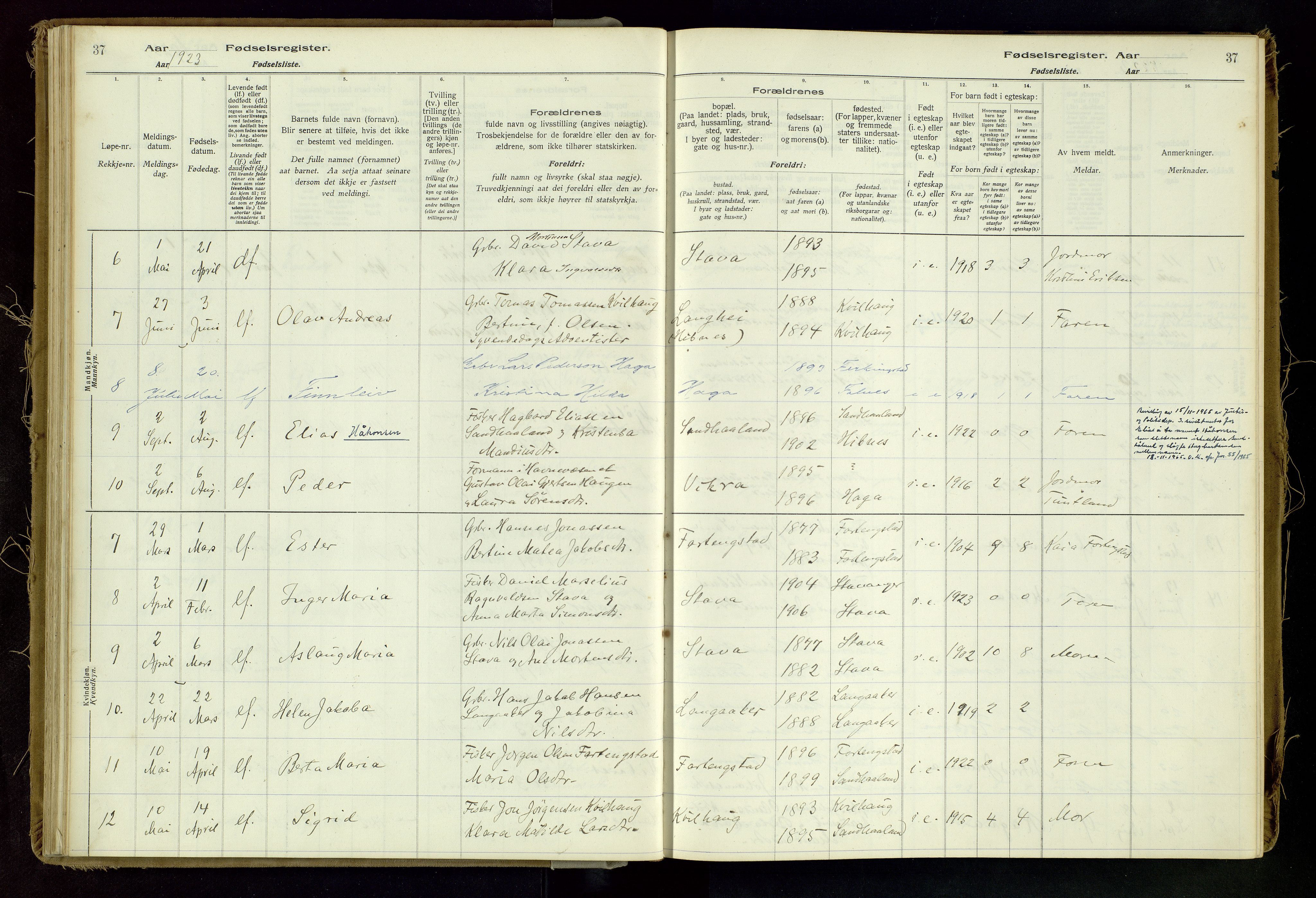 Skudenes sokneprestkontor, SAST/A -101849/I/Id/L0002: Birth register no. 2, 1916-1962, p. 37