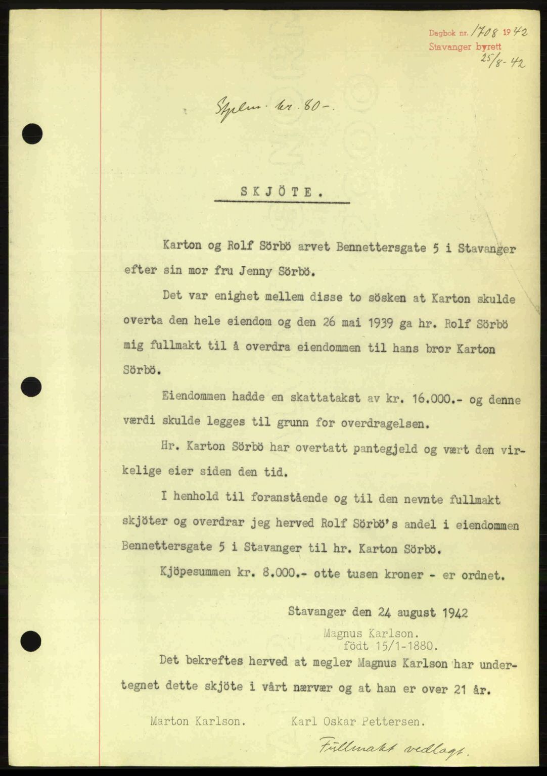 Stavanger byrett, SAST/A-100455/002/G/Gb/L0017: Mortgage book no. A7, 1941-1943, Diary no: : 1708/1942