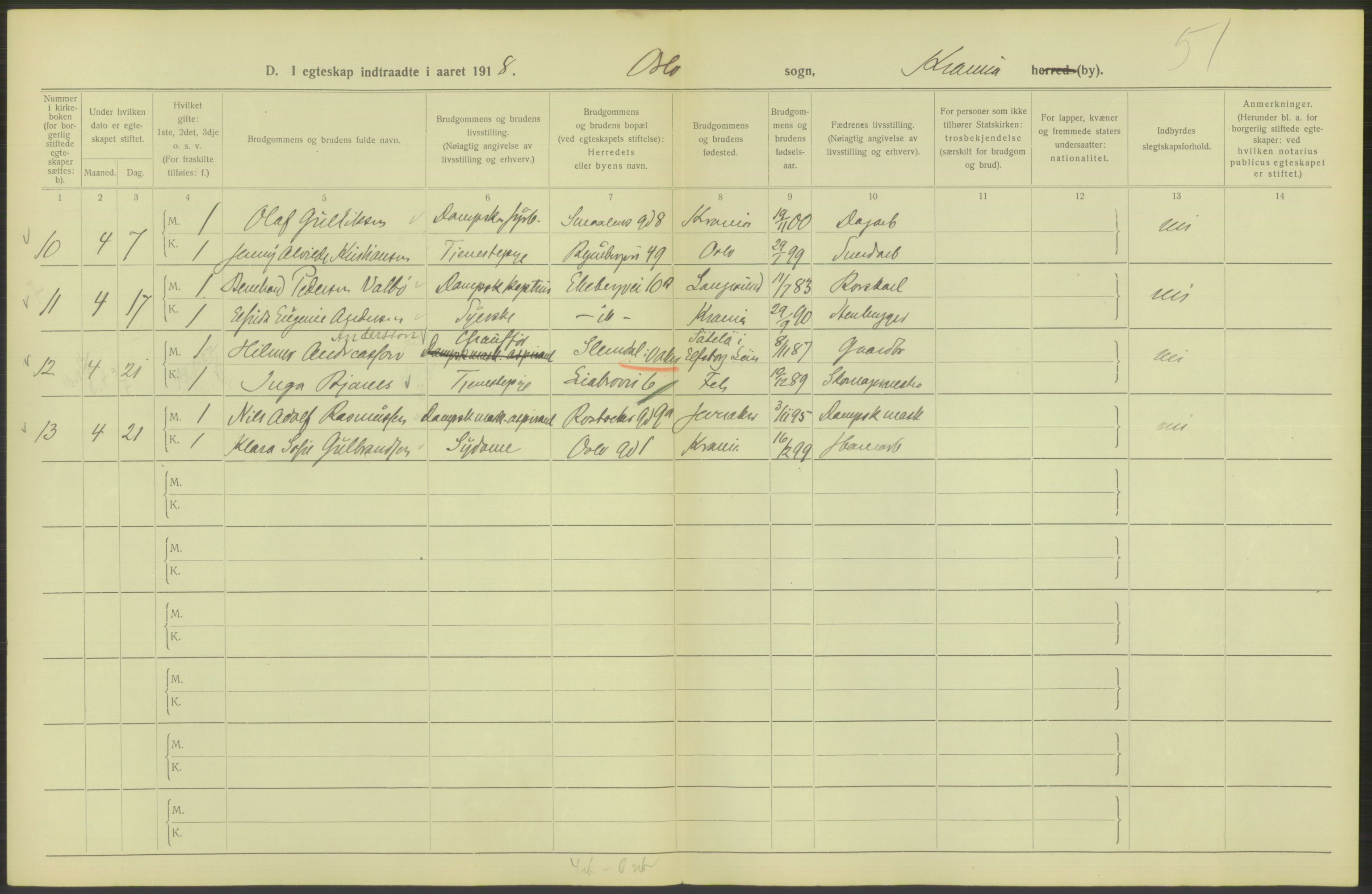 Statistisk sentralbyrå, Sosiodemografiske emner, Befolkning, AV/RA-S-2228/D/Df/Dfb/Dfbh/L0009: Kristiania: Gifte, 1918, p. 966