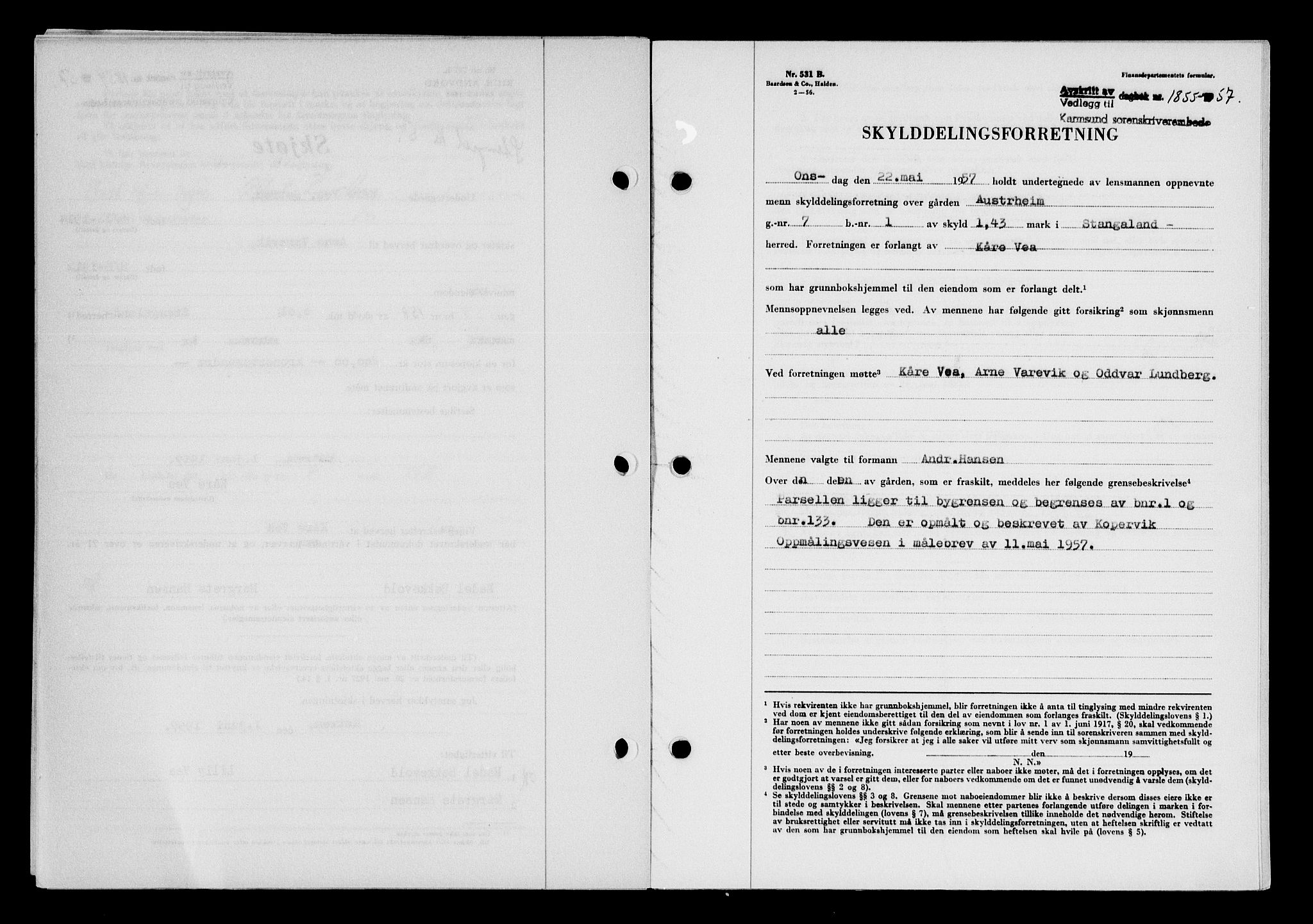 Karmsund sorenskriveri, AV/SAST-A-100311/01/II/IIB/L0125: Mortgage book no. 105A, 1957-1957, Diary no: : 1855/1957