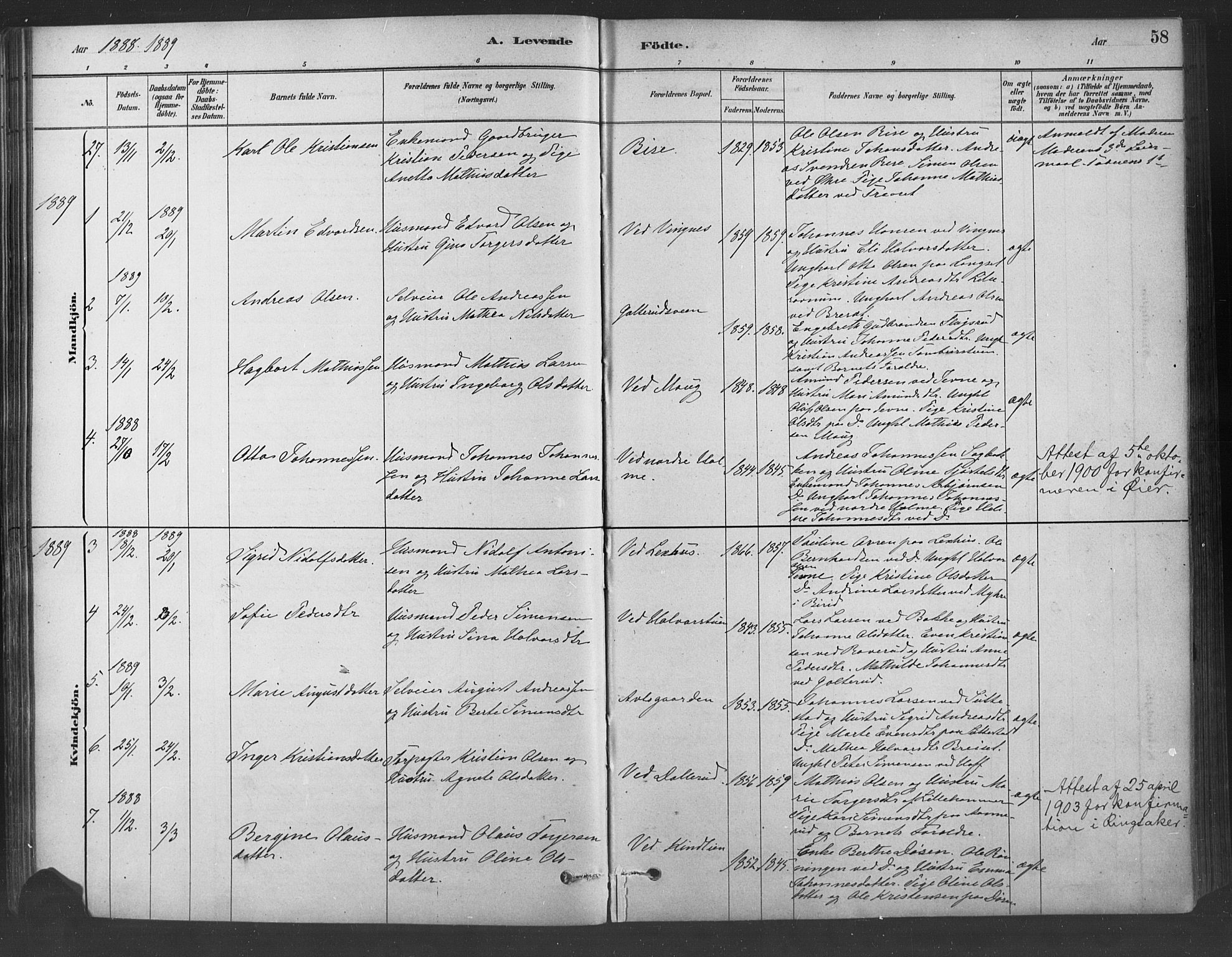 Fåberg prestekontor, SAH/PREST-086/H/Ha/Haa/L0009: Parish register (official) no. 9, 1879-1898, p. 58