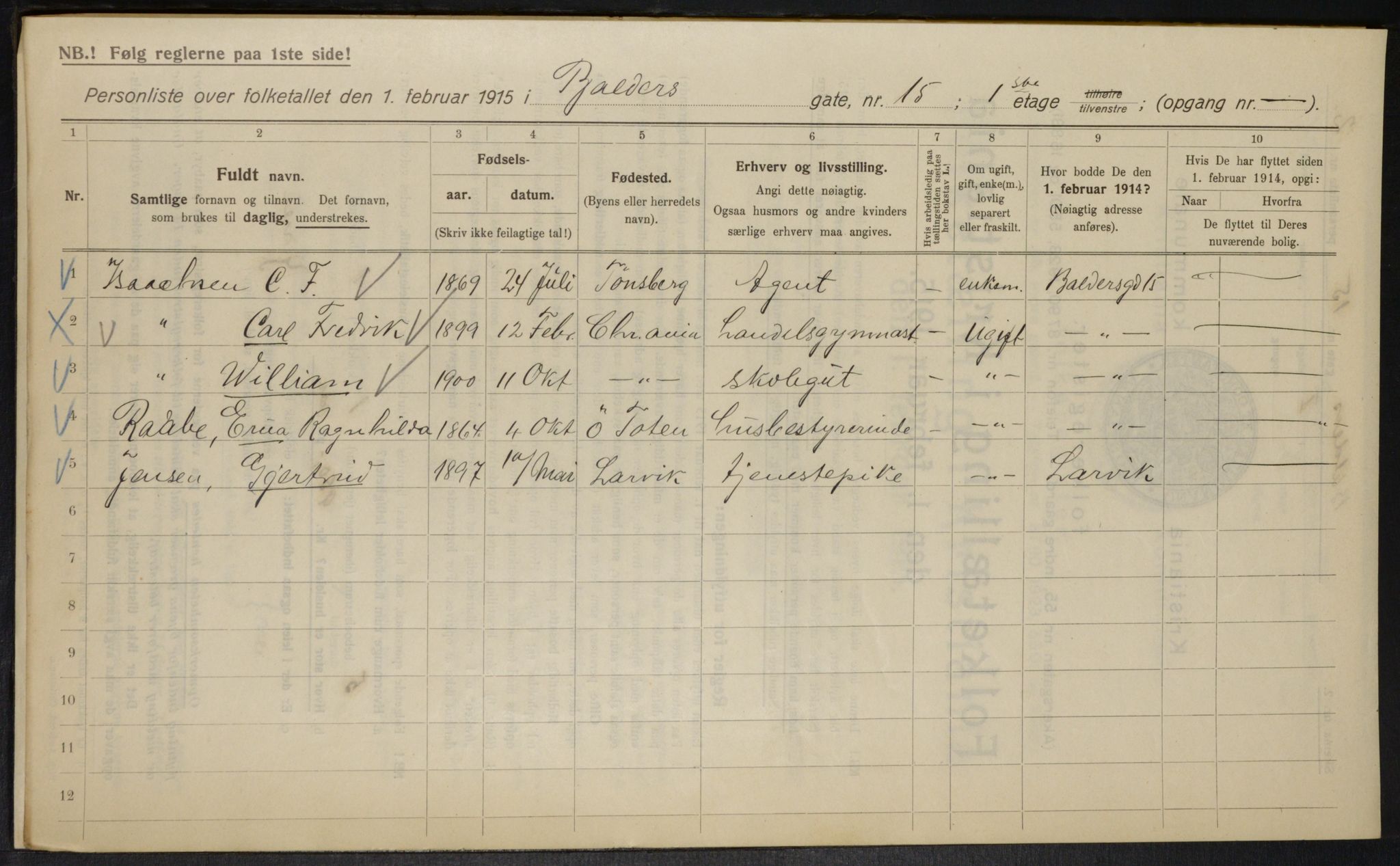 OBA, Municipal Census 1915 for Kristiania, 1915, p. 3390