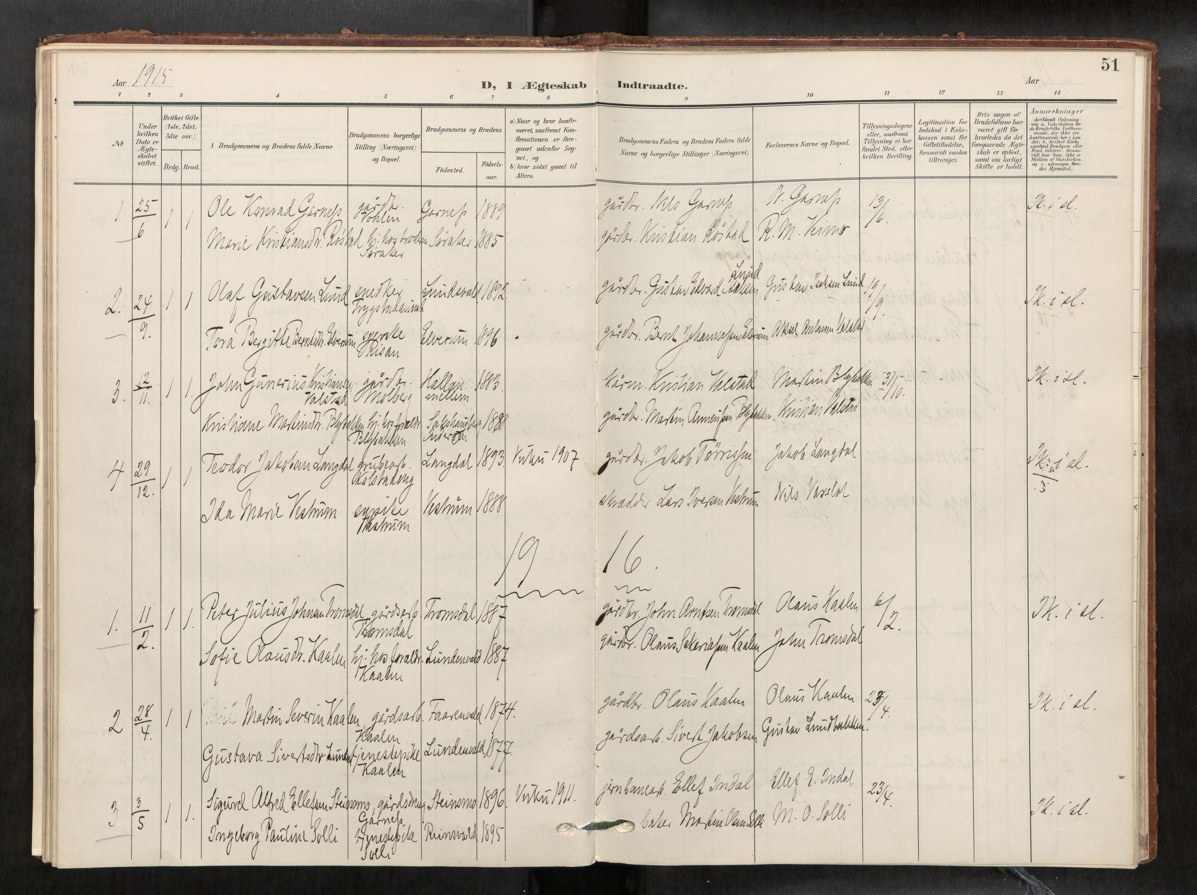 Verdal sokneprestkontor, SAT/A-1156/2/H/Haa/L0003: Parish register (official) no. 3, 1907-1921, p. 51