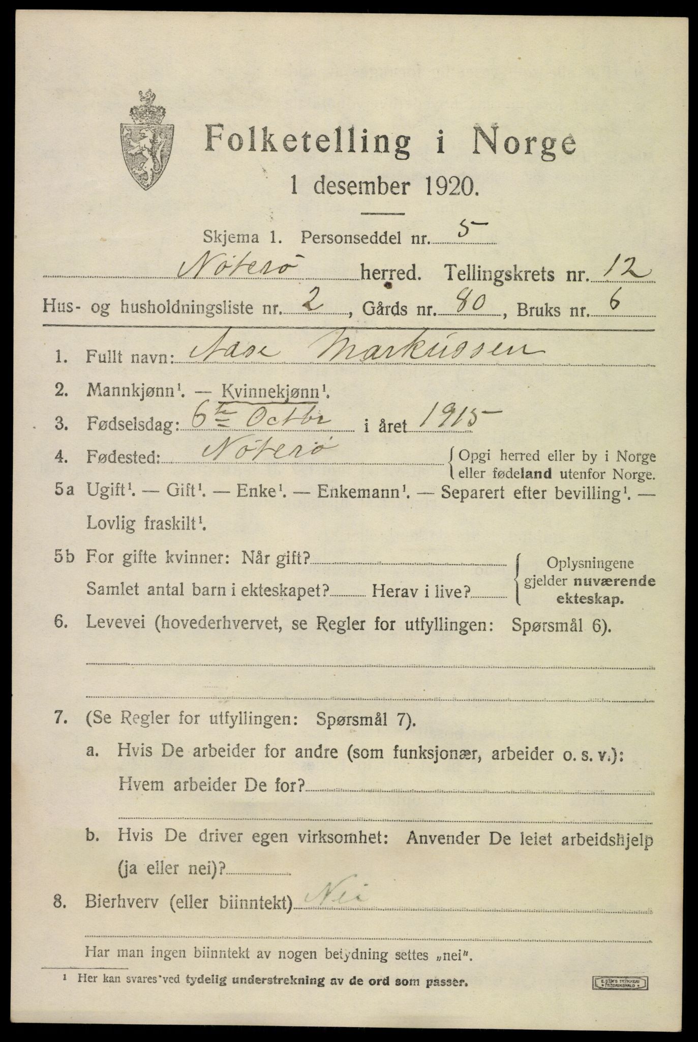 SAKO, 1920 census for Nøtterøy, 1920, p. 14747
