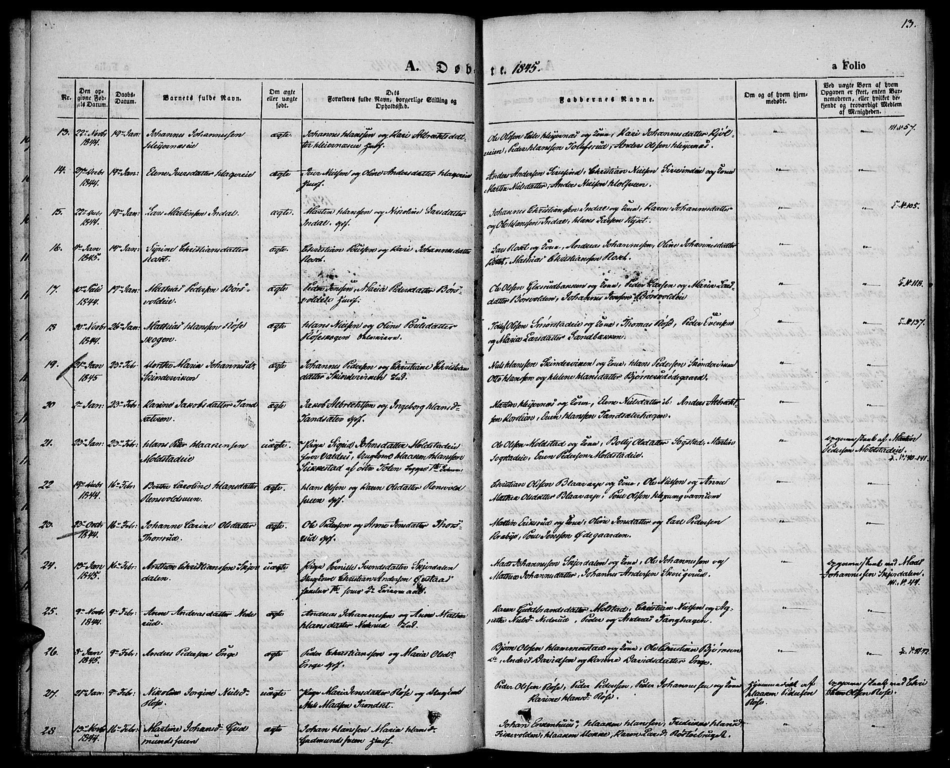 Vestre Toten prestekontor, SAH/PREST-108/H/Ha/Haa/L0004: Parish register (official) no. 4, 1844-1849, p. 13