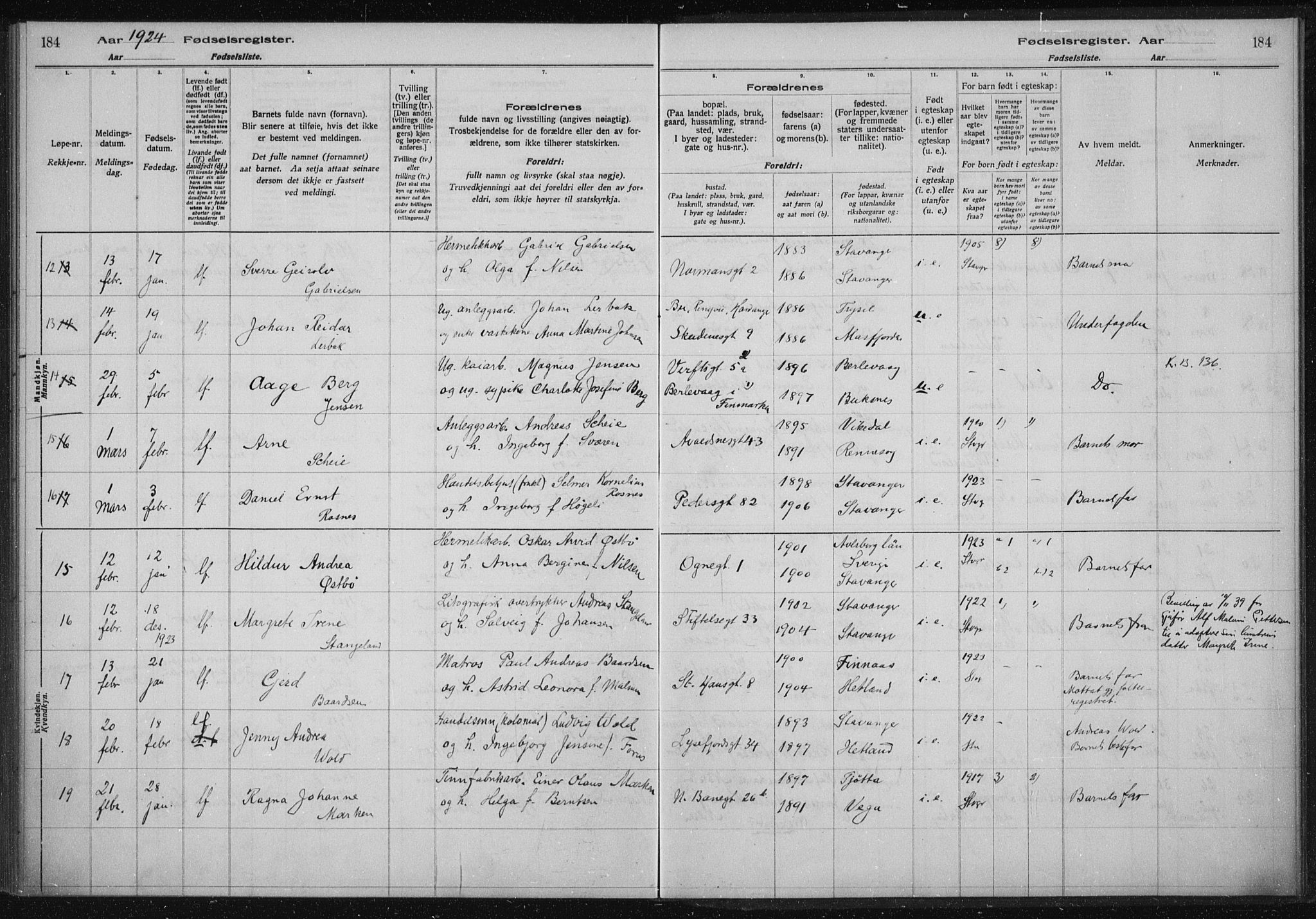 St. Johannes sokneprestkontor, AV/SAST-A-101814/002/A/L0002: Birth register no. 2, 1919-1924, p. 184