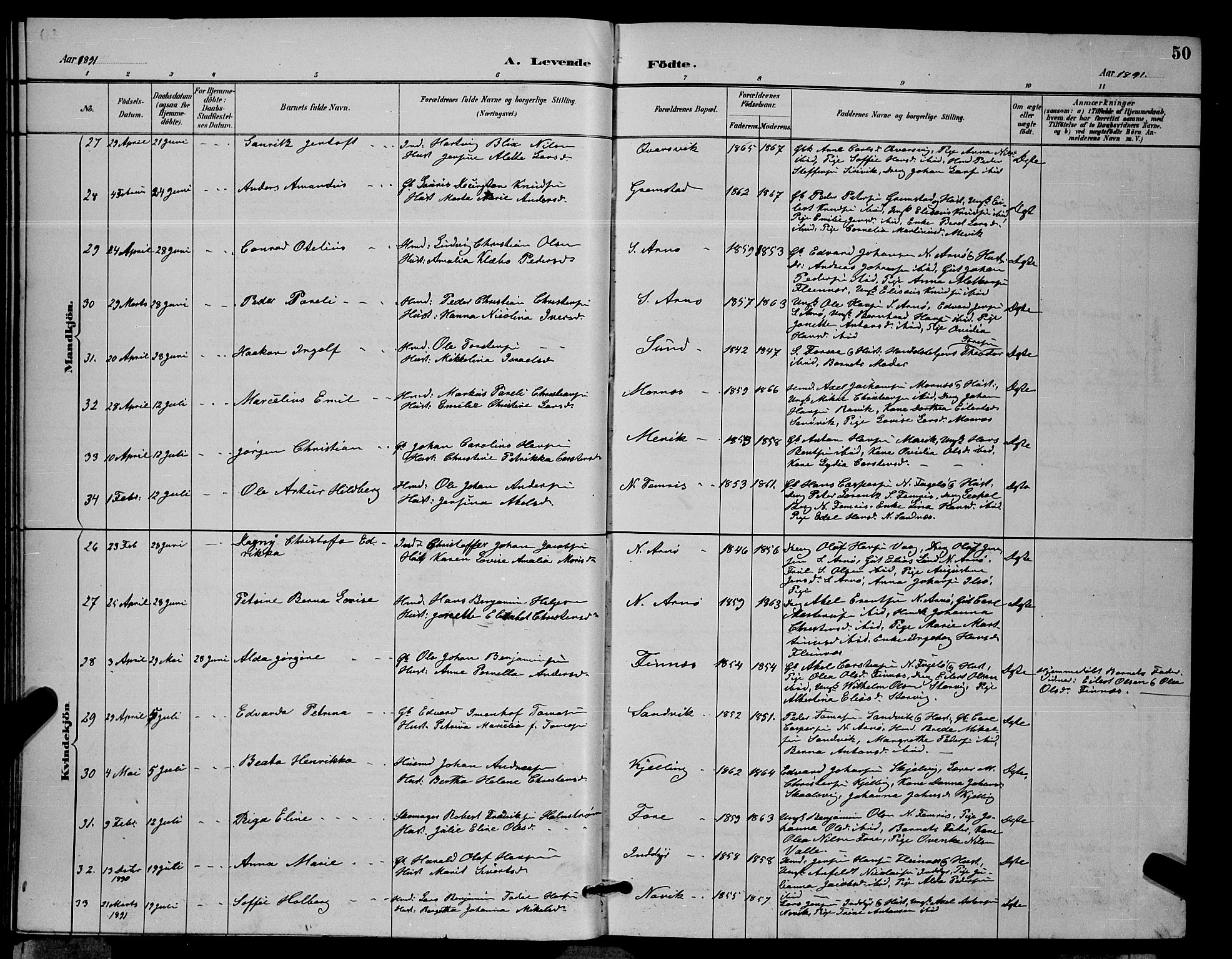 Ministerialprotokoller, klokkerbøker og fødselsregistre - Nordland, AV/SAT-A-1459/805/L0108: Parish register (copy) no. 805C04, 1885-1899, p. 50