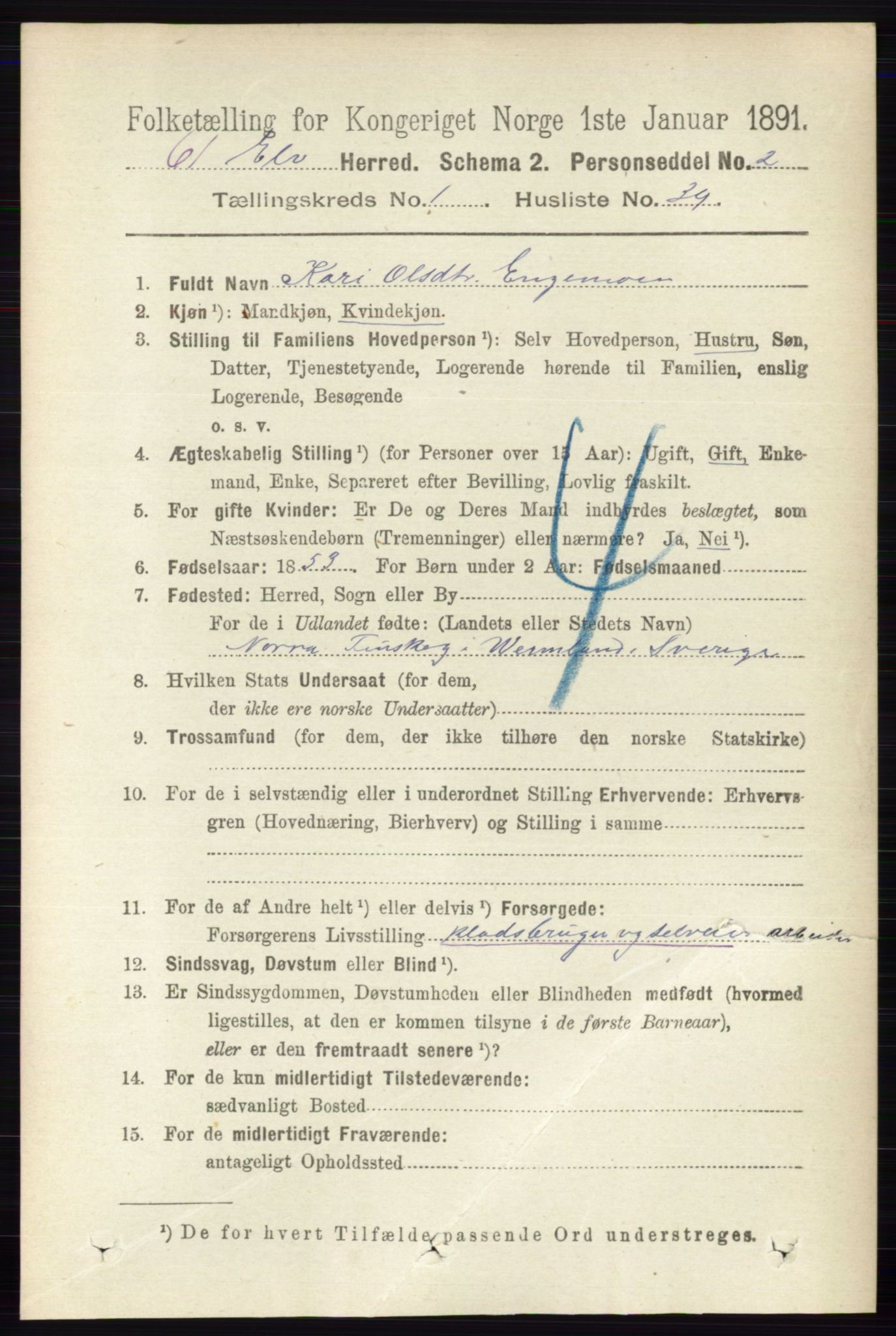 RA, 1891 census for 0427 Elverum, 1891, p. 430