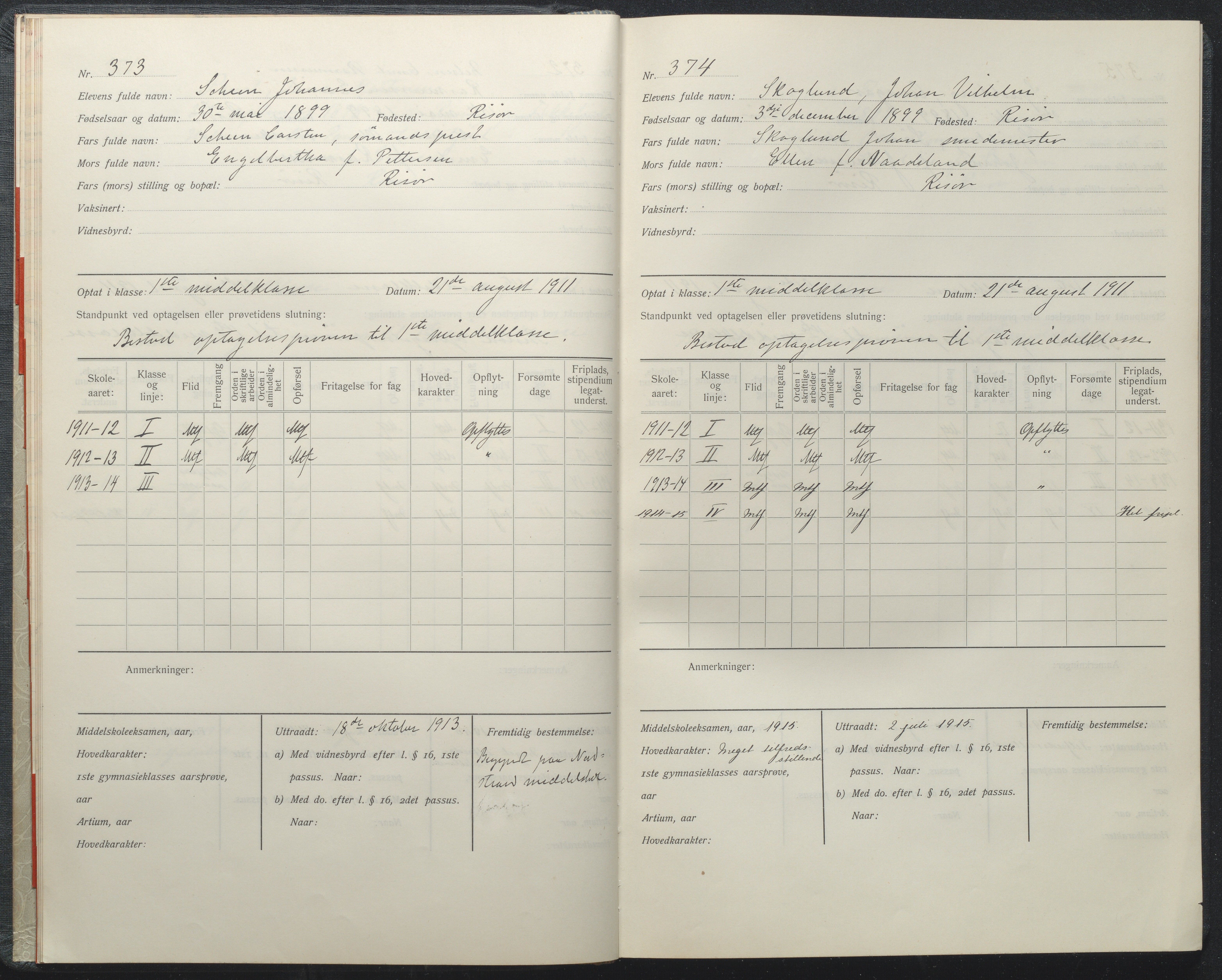 Risør kommune, AAKS/KA0901-PK/1/05/05i/L0002: Manntallsprotokoll, 1911-1925, p. 373-374