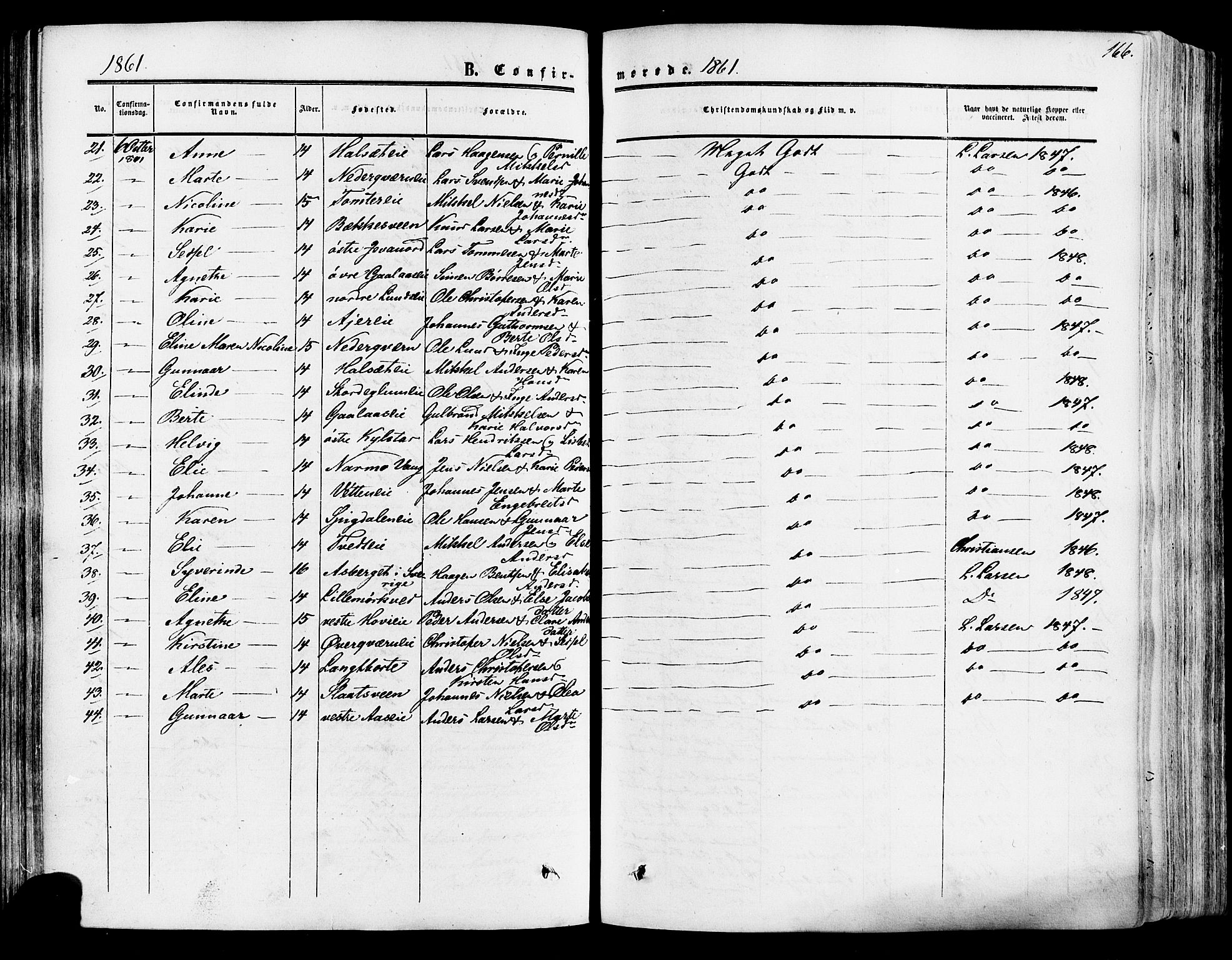 Vang prestekontor, Hedmark, AV/SAH-PREST-008/H/Ha/Haa/L0013: Parish register (official) no. 13, 1855-1879, p. 166