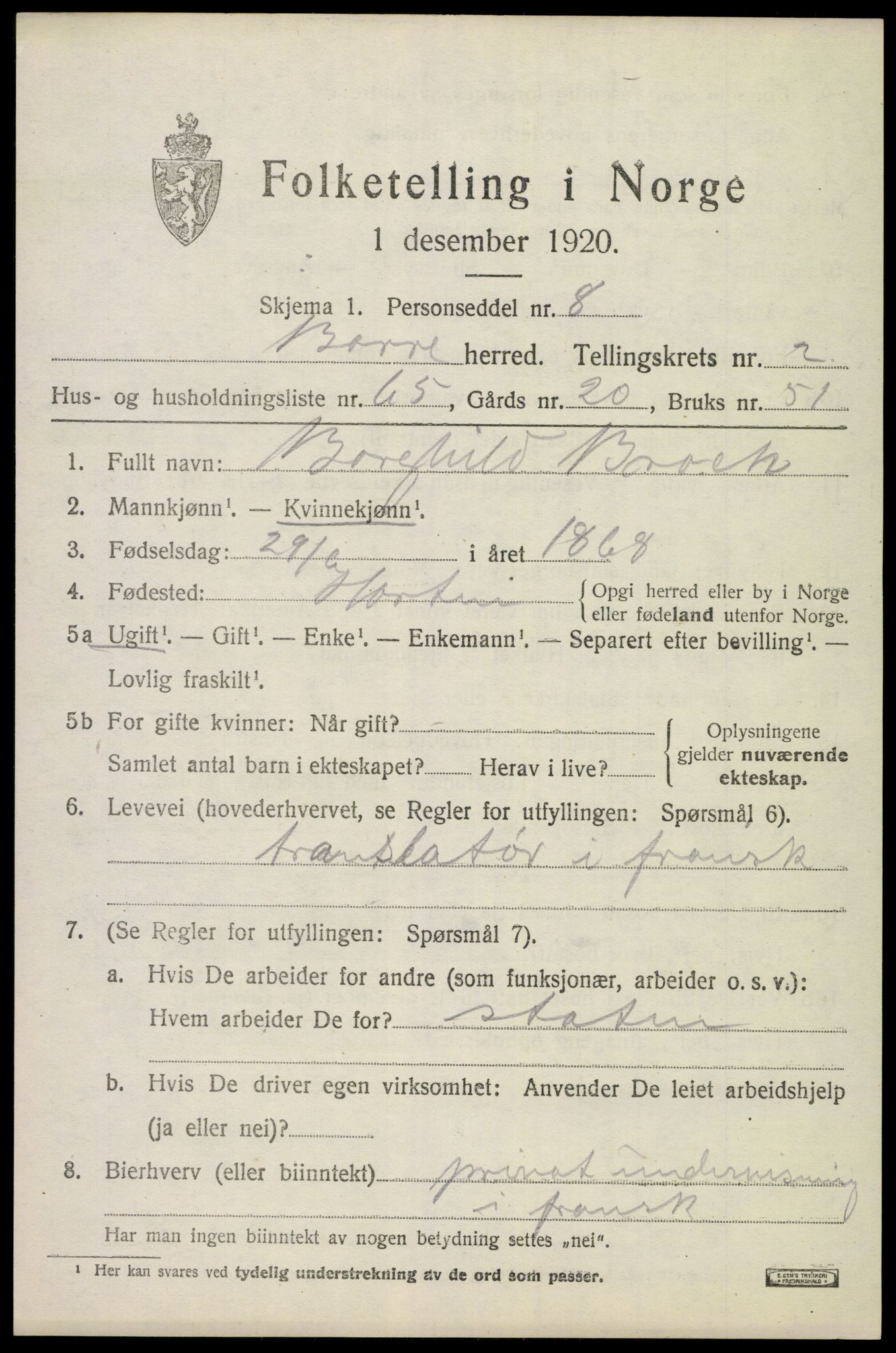 SAKO, 1920 census for Borre, 1920, p. 4928