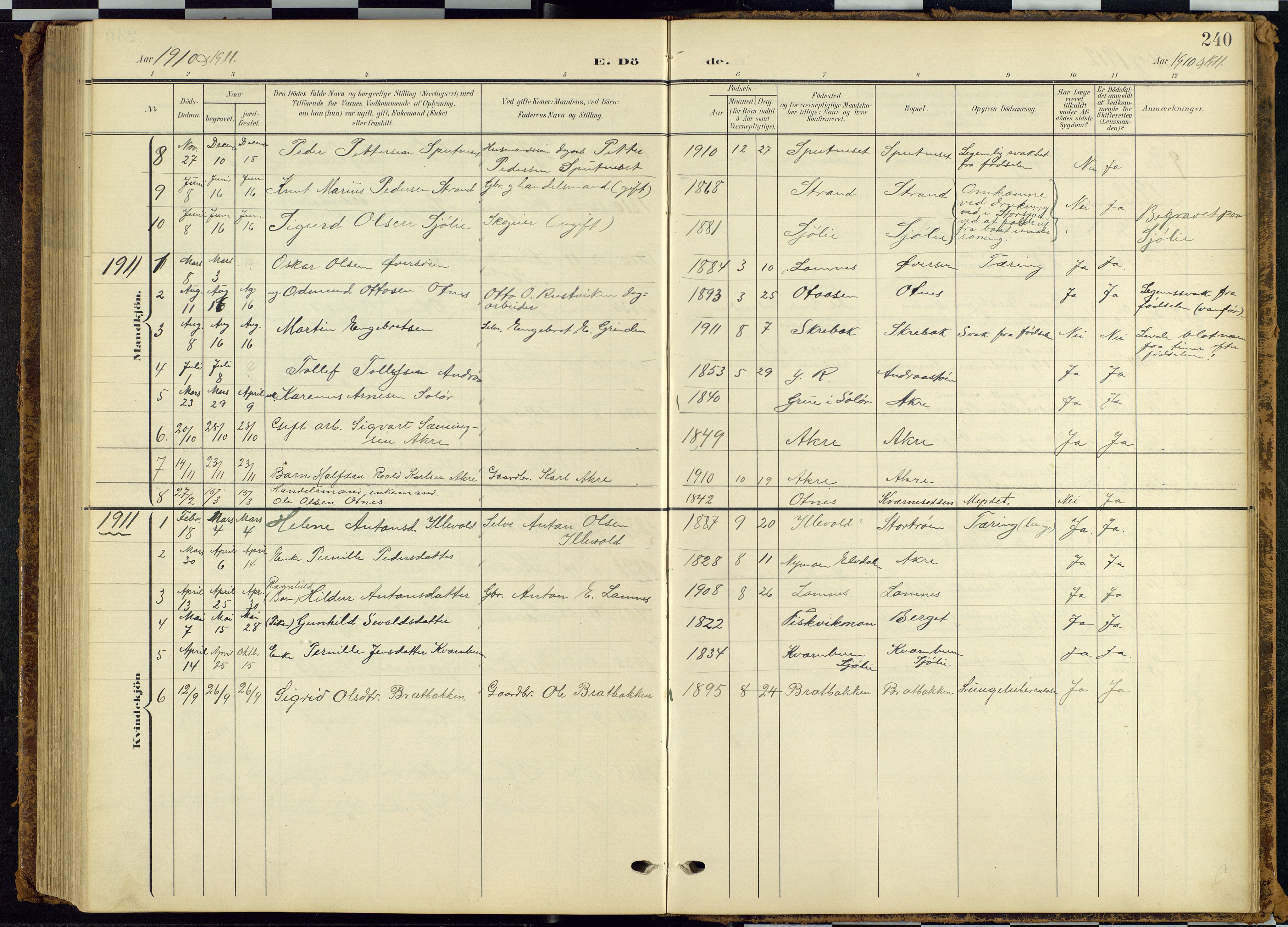 Rendalen prestekontor, SAH/PREST-054/H/Ha/Hab/L0010: Parish register (copy) no. 10, 1903-1940, p. 240