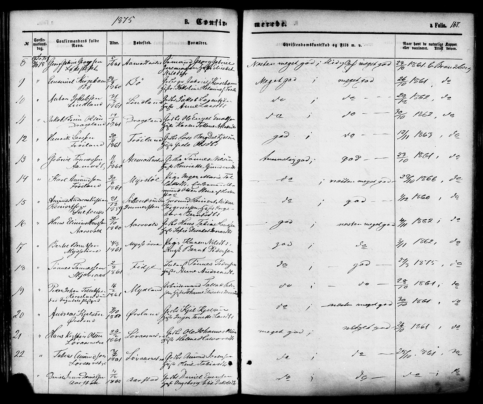 Sokndal sokneprestkontor, AV/SAST-A-101808: Parish register (official) no. A 10, 1874-1886, p. 167