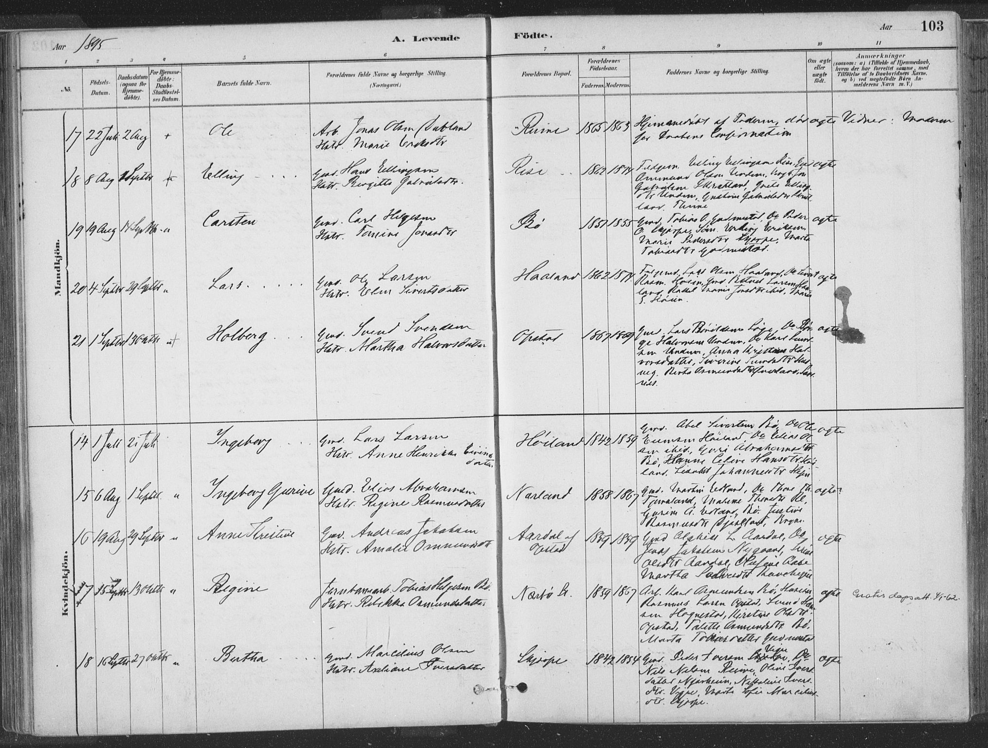 Hå sokneprestkontor, AV/SAST-A-101801/001/30BA/L0010: Parish register (official) no. A 9, 1879-1896, p. 103