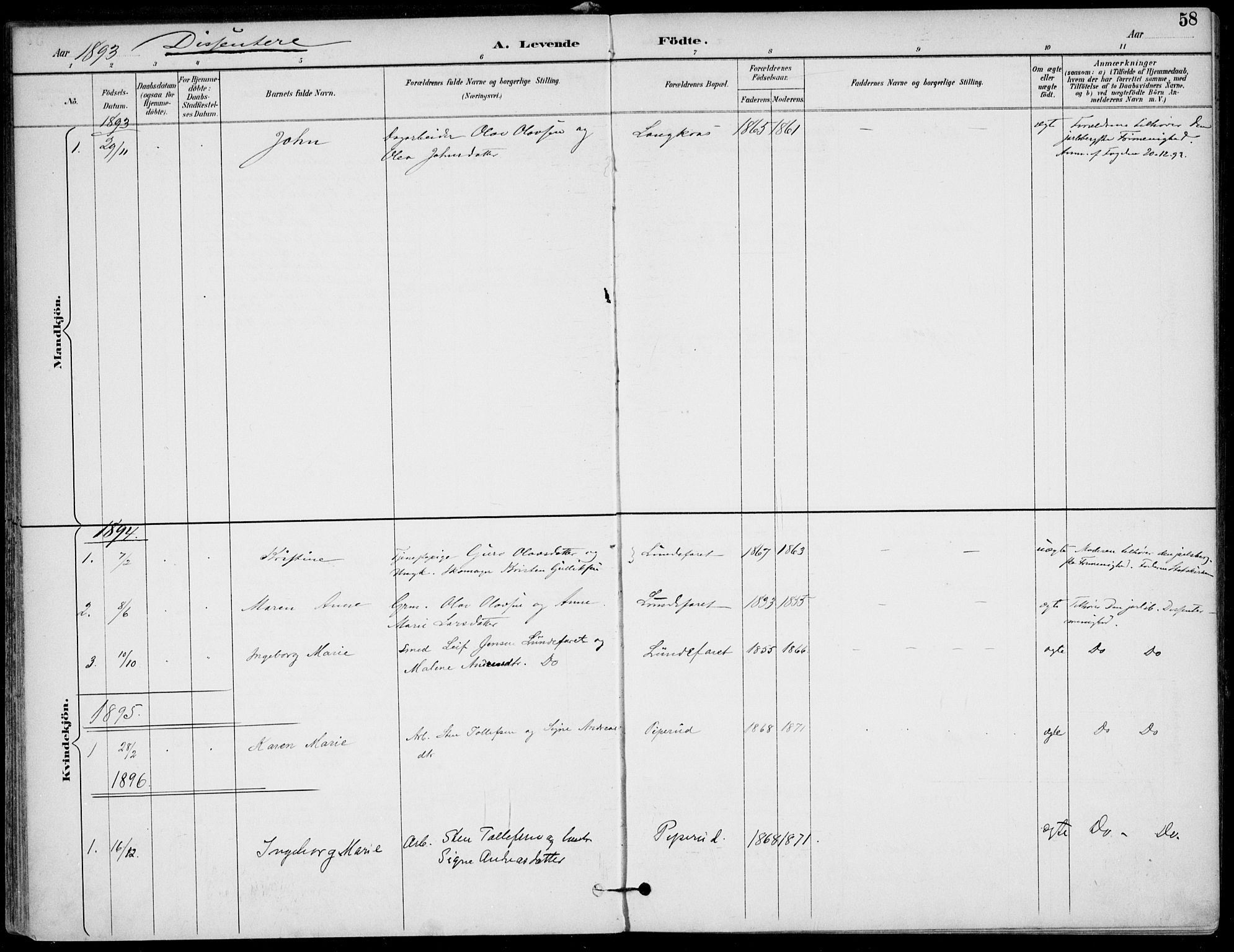 Lunde kirkebøker, SAKO/A-282/F/Fa/L0003: Parish register (official) no. I 3, 1893-1902, p. 58