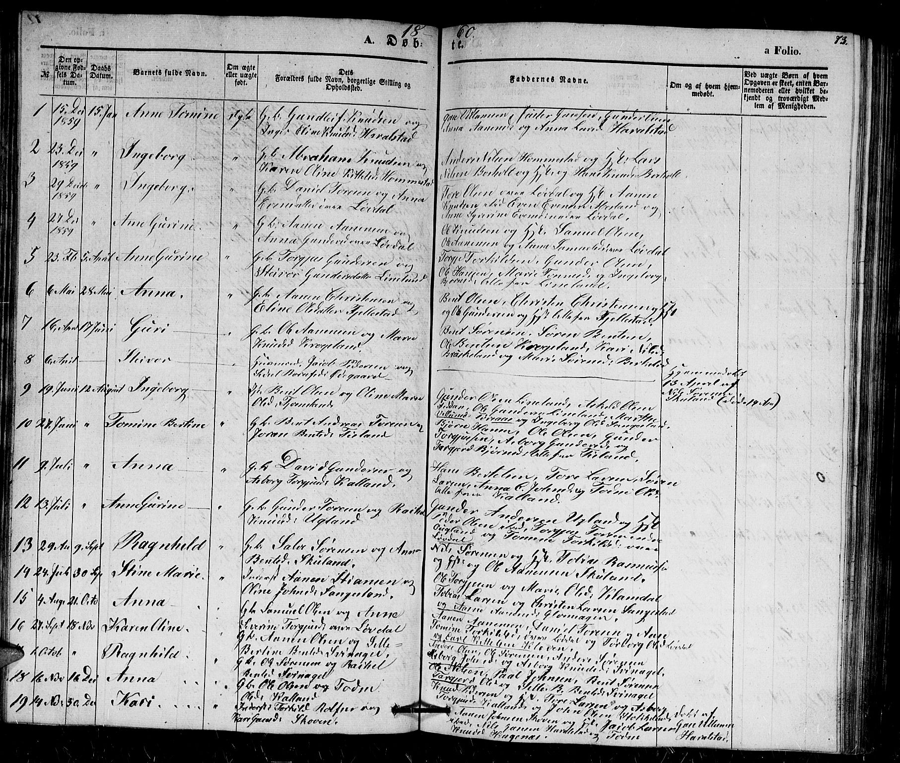 Holum sokneprestkontor, AV/SAK-1111-0022/F/Fb/Fbb/L0002: Parish register (copy) no. B 2, 1847-1874, p. 73