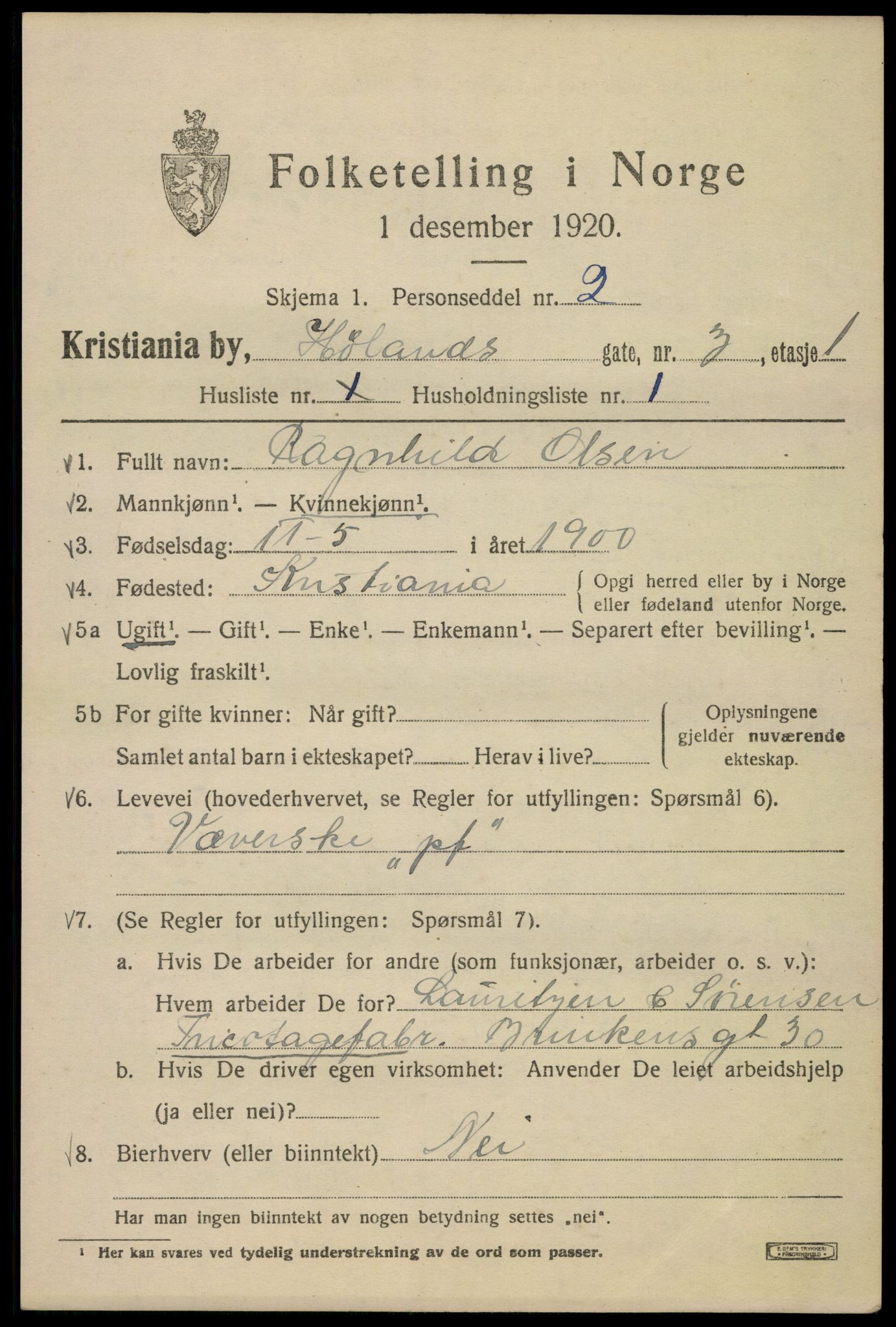 SAO, 1920 census for Kristiania, 1920, p. 304605