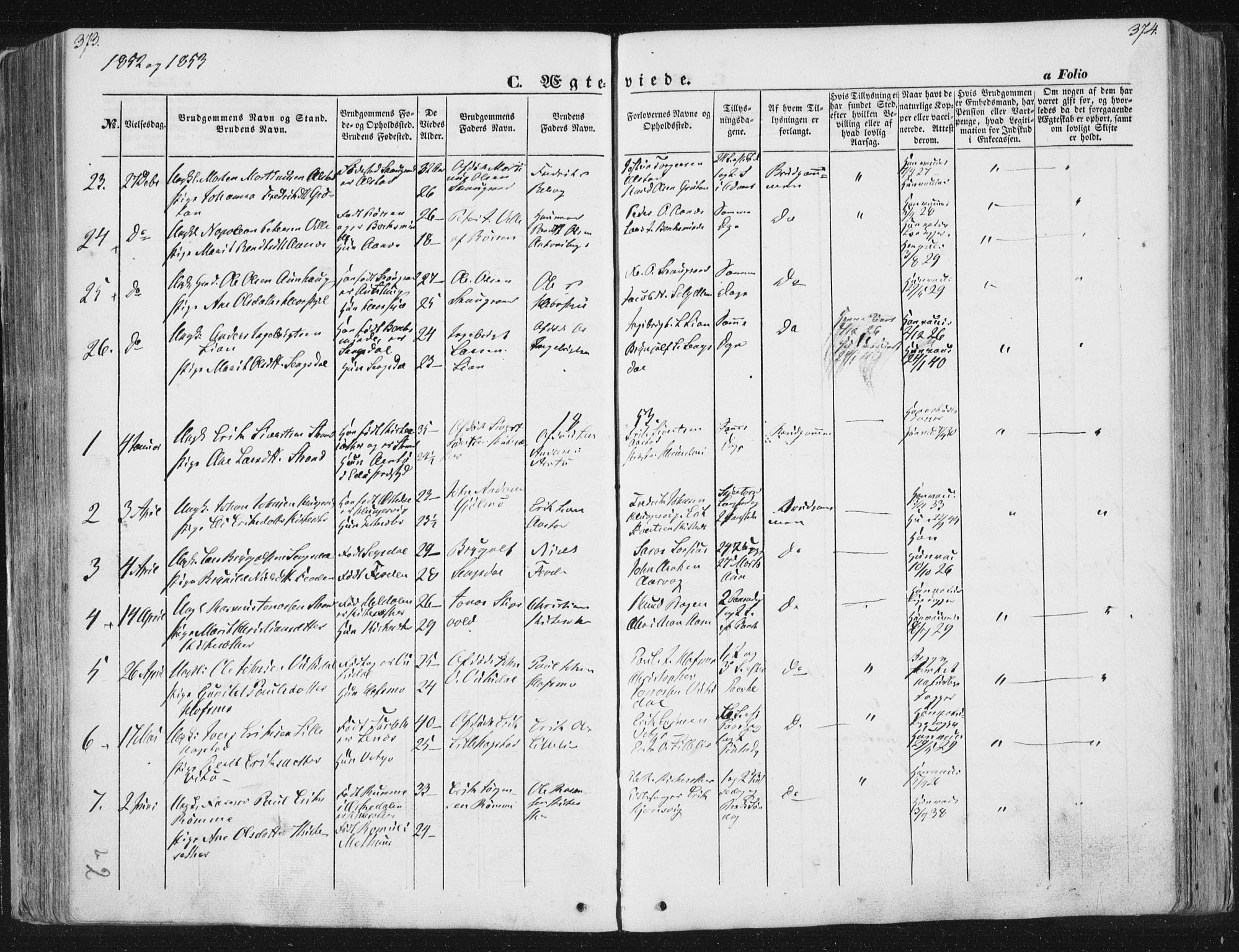 Ministerialprotokoller, klokkerbøker og fødselsregistre - Sør-Trøndelag, SAT/A-1456/630/L0494: Parish register (official) no. 630A07, 1852-1868, p. 373-374