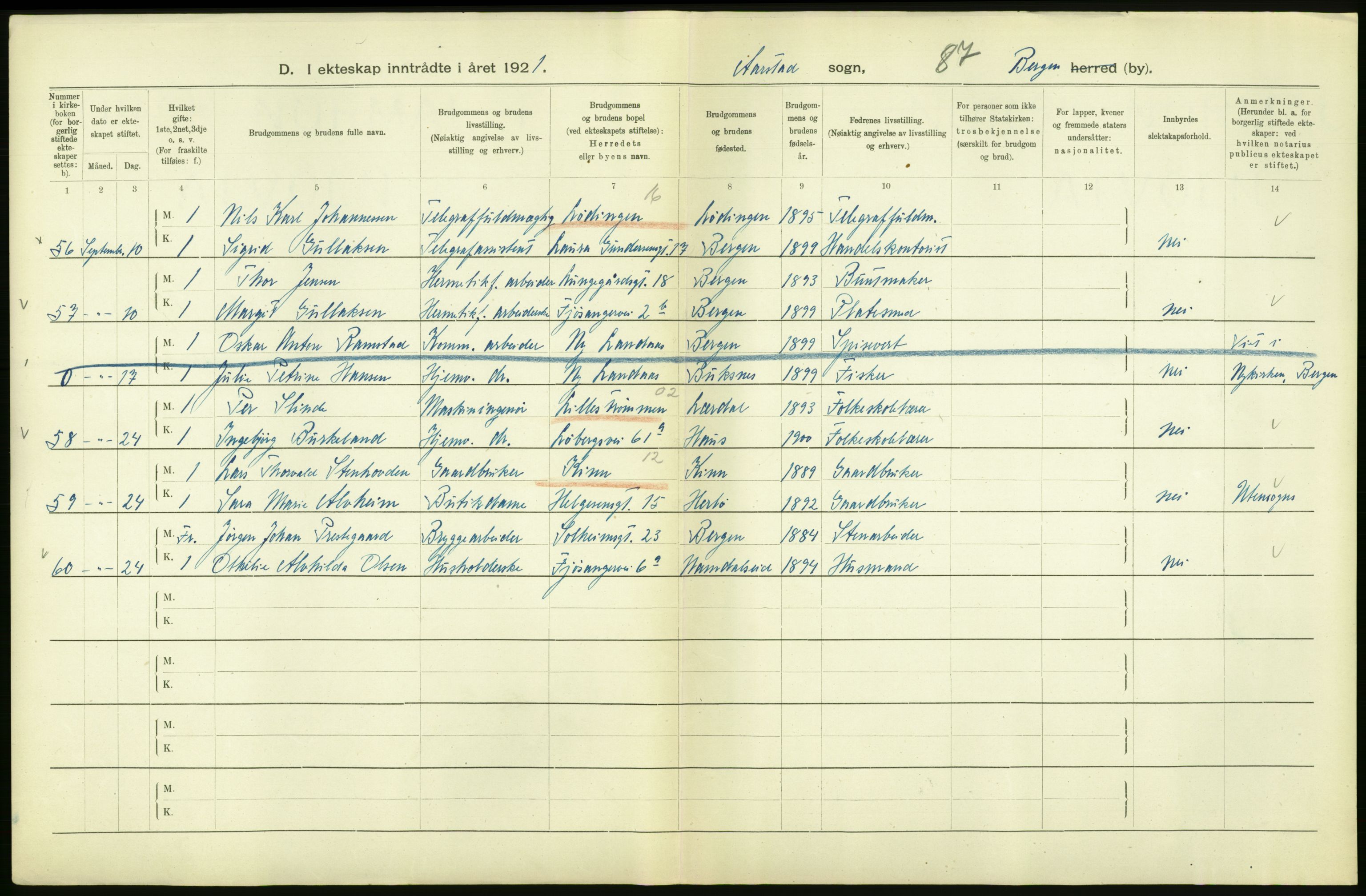 Statistisk sentralbyrå, Sosiodemografiske emner, Befolkning, AV/RA-S-2228/D/Df/Dfc/Dfca/L0035: Bergen: Gifte, dødfødte., 1921, p. 42