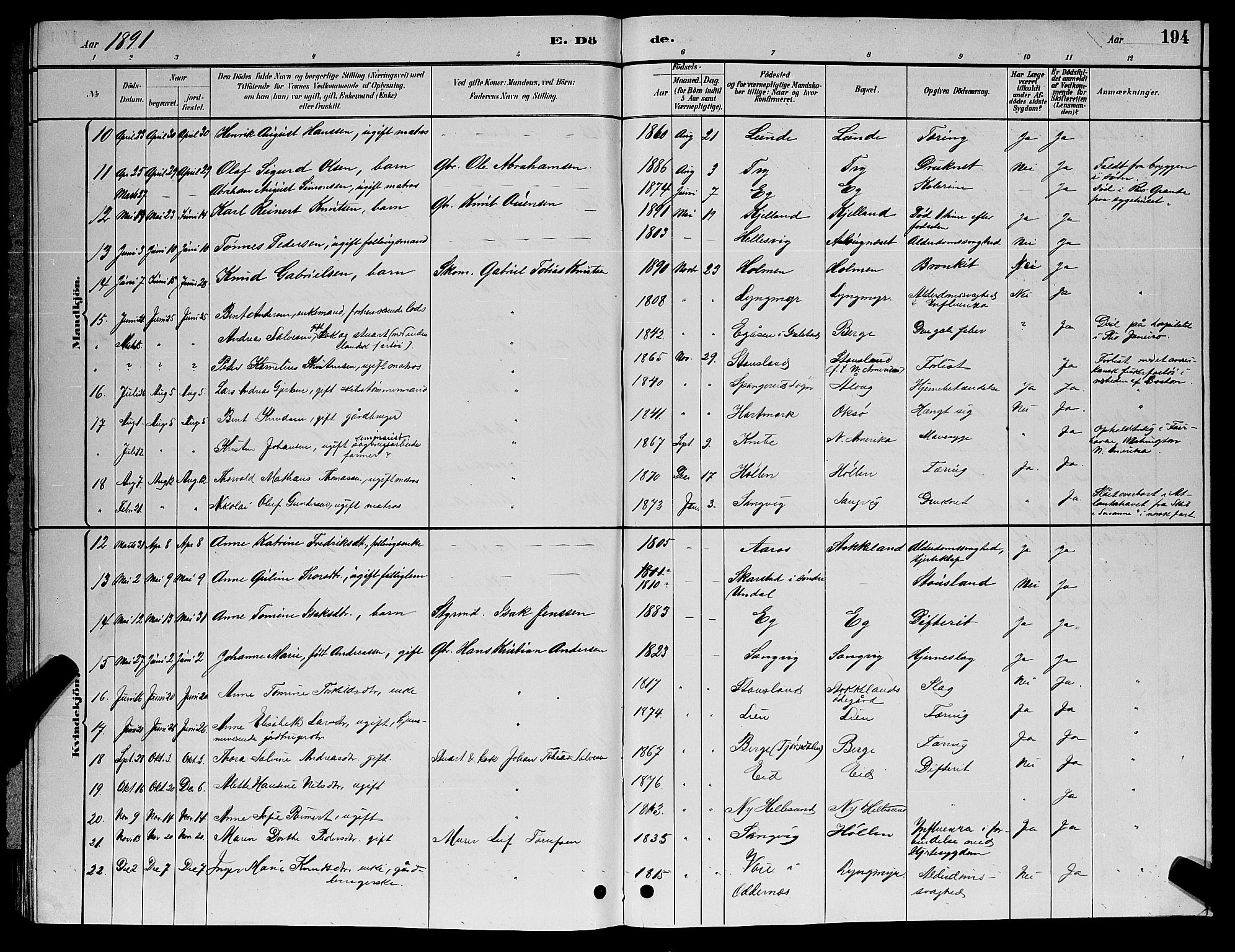 Søgne sokneprestkontor, SAK/1111-0037/F/Fb/Fbb/L0005: Parish register (copy) no. B 5, 1884-1891, p. 194