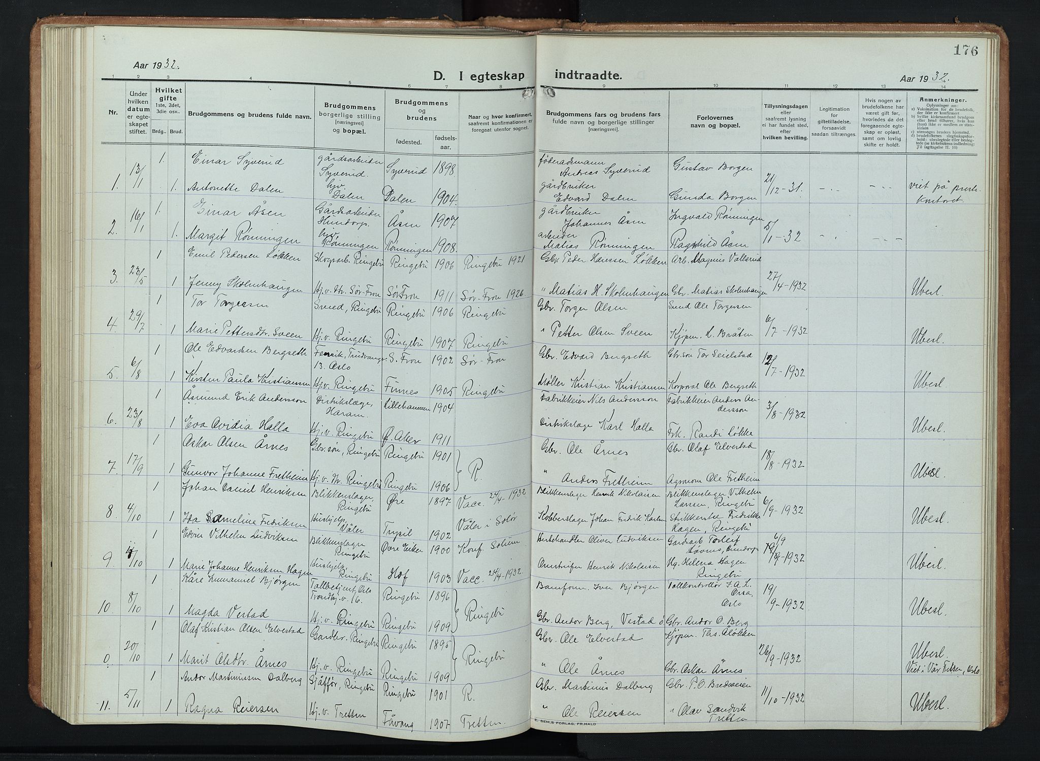 Ringebu prestekontor, SAH/PREST-082/H/Ha/Hab/L0011: Parish register (copy) no. 11, 1921-1943, p. 176