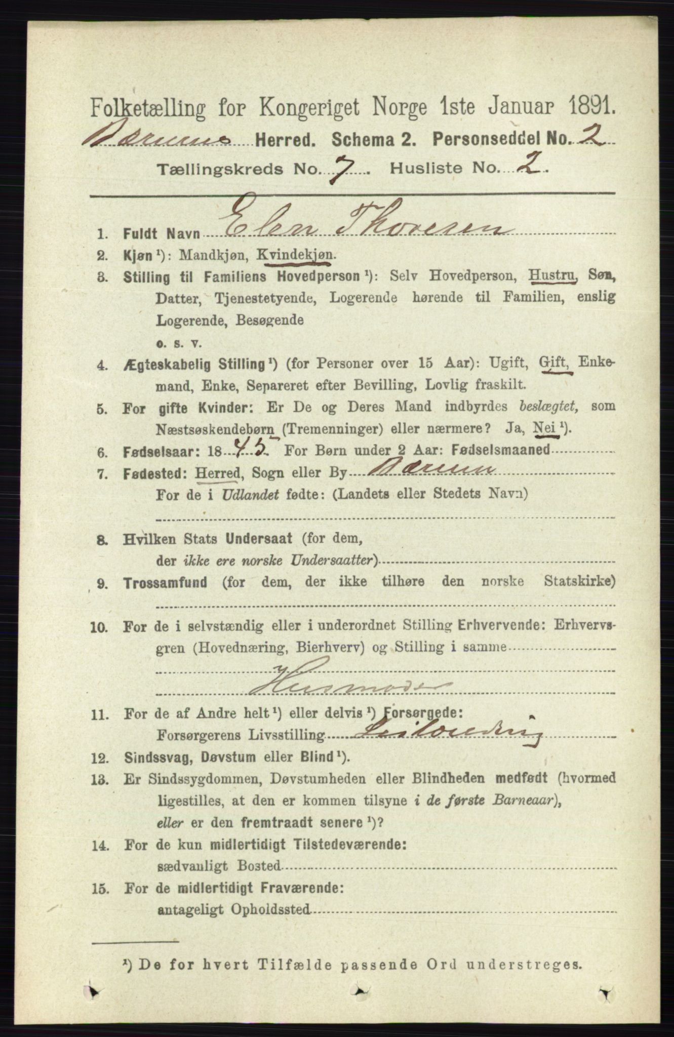 RA, 1891 census for 0219 Bærum, 1891, p. 4091