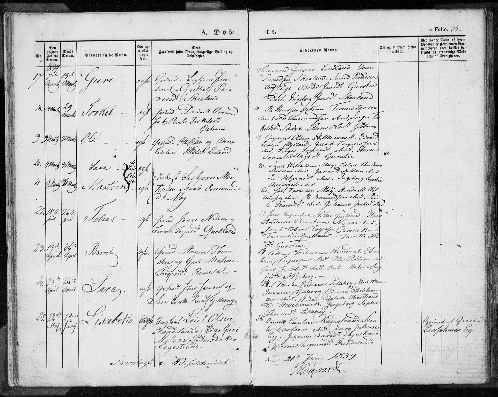 Lund sokneprestkontor, AV/SAST-A-101809/S06/L0007: Parish register (official) no. A 7.1, 1833-1854, p. 35