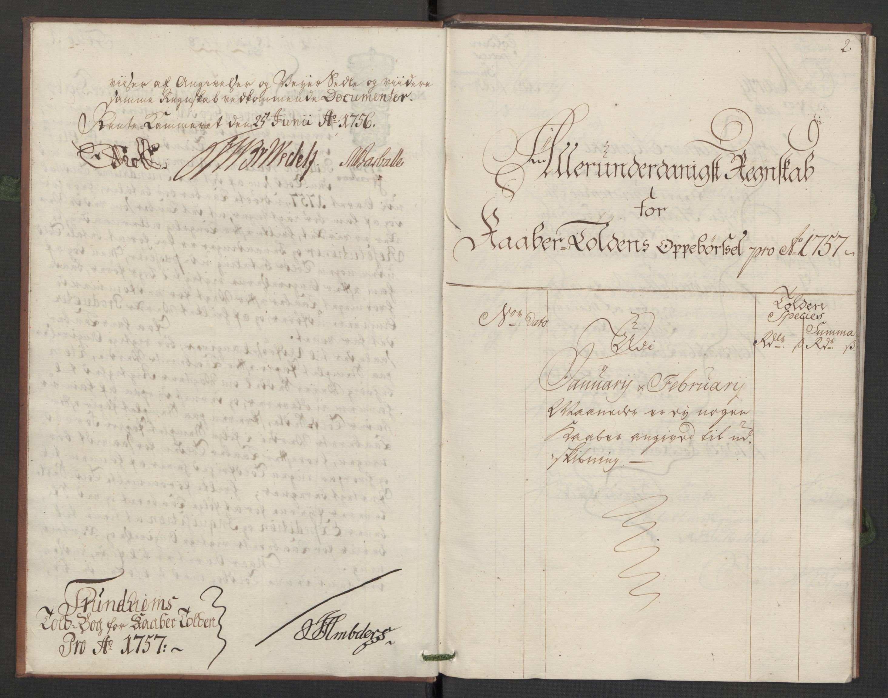 Generaltollkammeret, tollregnskaper, AV/RA-EA-5490/R34/L0007/0001: Koppertollregnskaper Trondheim B / Tollbok for koppertollen, 1757