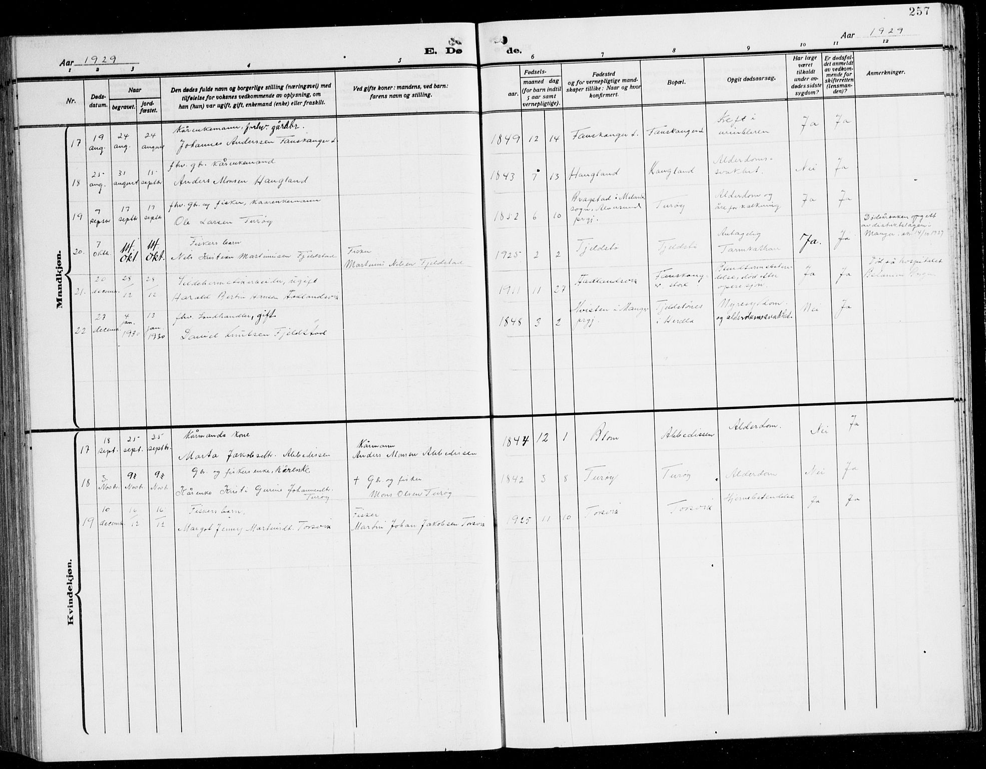 Herdla Sokneprestembete, AV/SAB-A-75701/H/Hab: Parish register (copy) no. C 3, 1926-1940, p. 257