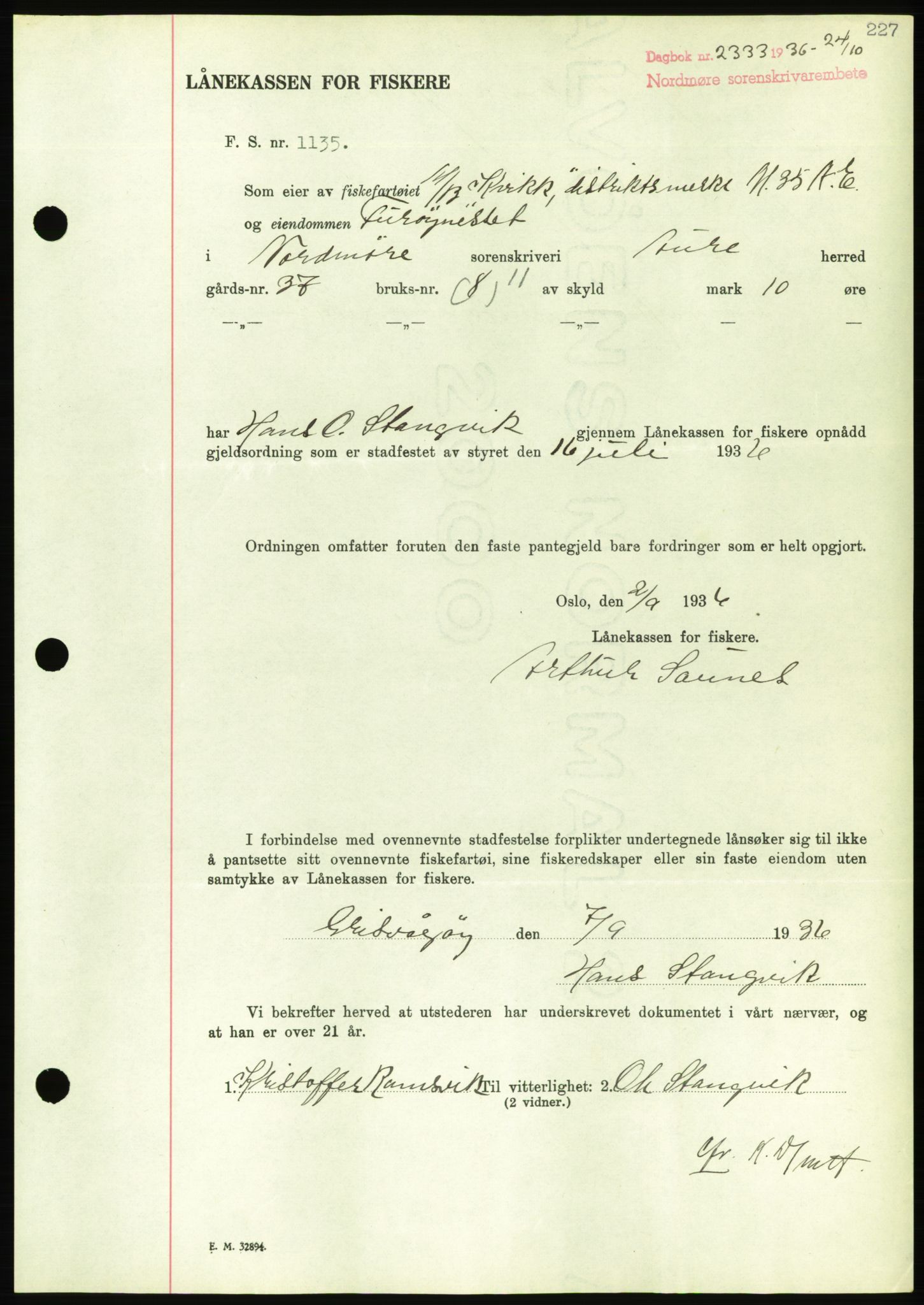 Nordmøre sorenskriveri, AV/SAT-A-4132/1/2/2Ca/L0090: Mortgage book no. B80, 1936-1937, Diary no: : 2333/1936