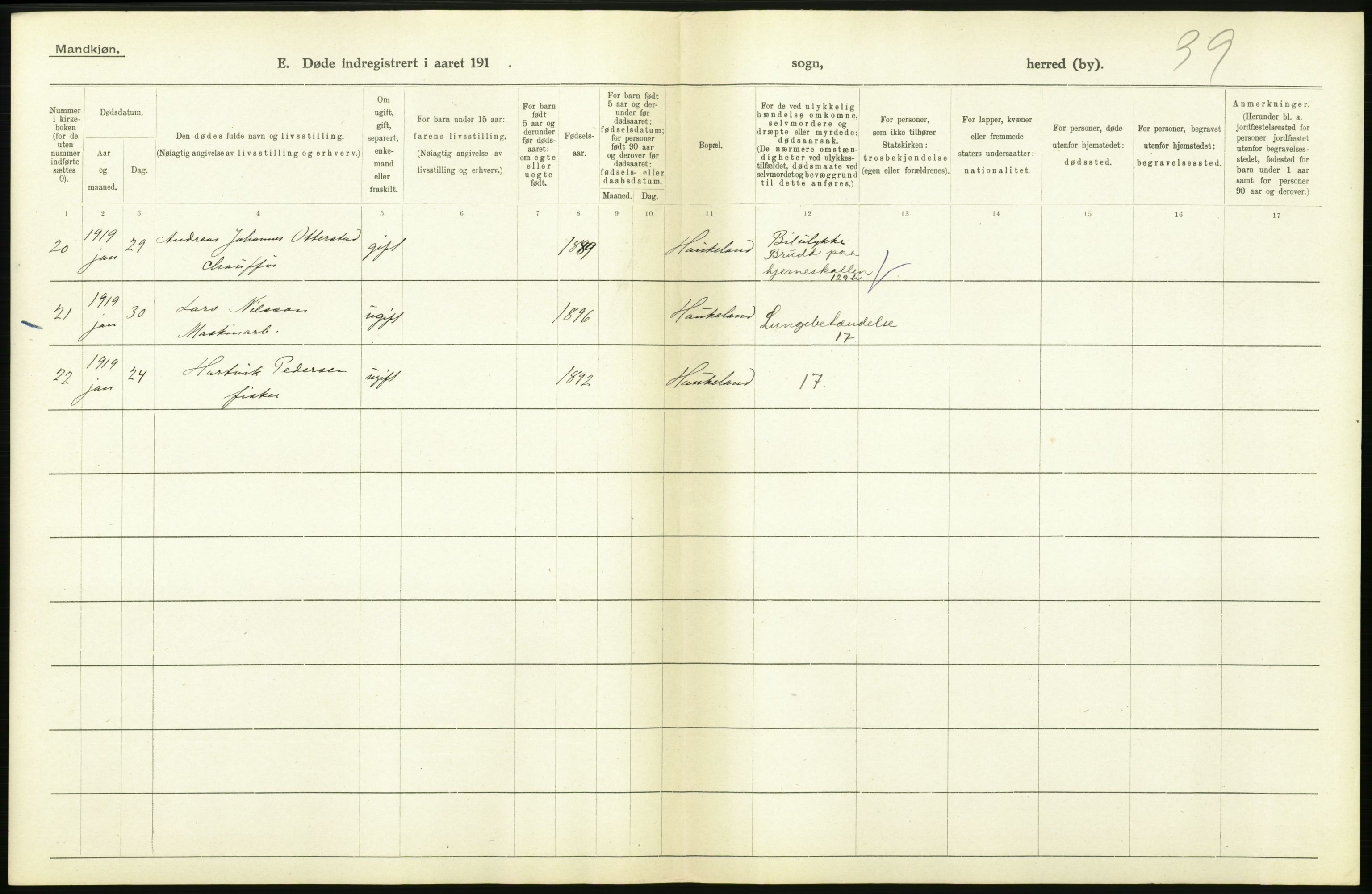 Statistisk sentralbyrå, Sosiodemografiske emner, Befolkning, RA/S-2228/D/Df/Dfb/Dfbi/L0035: Bergen: Gifte, døde, dødfødte., 1919, p. 356