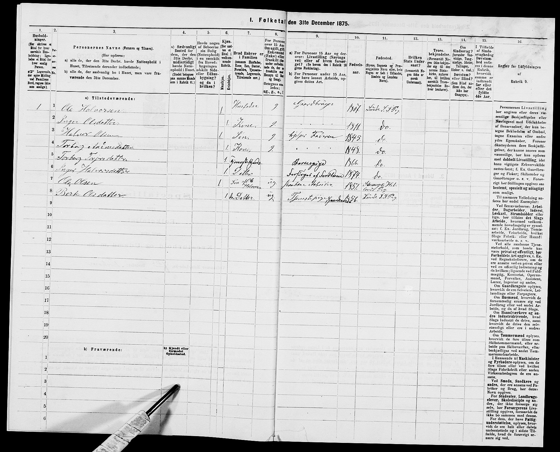 SAK, 1875 census for 1046P Sirdal, 1875, p. 482