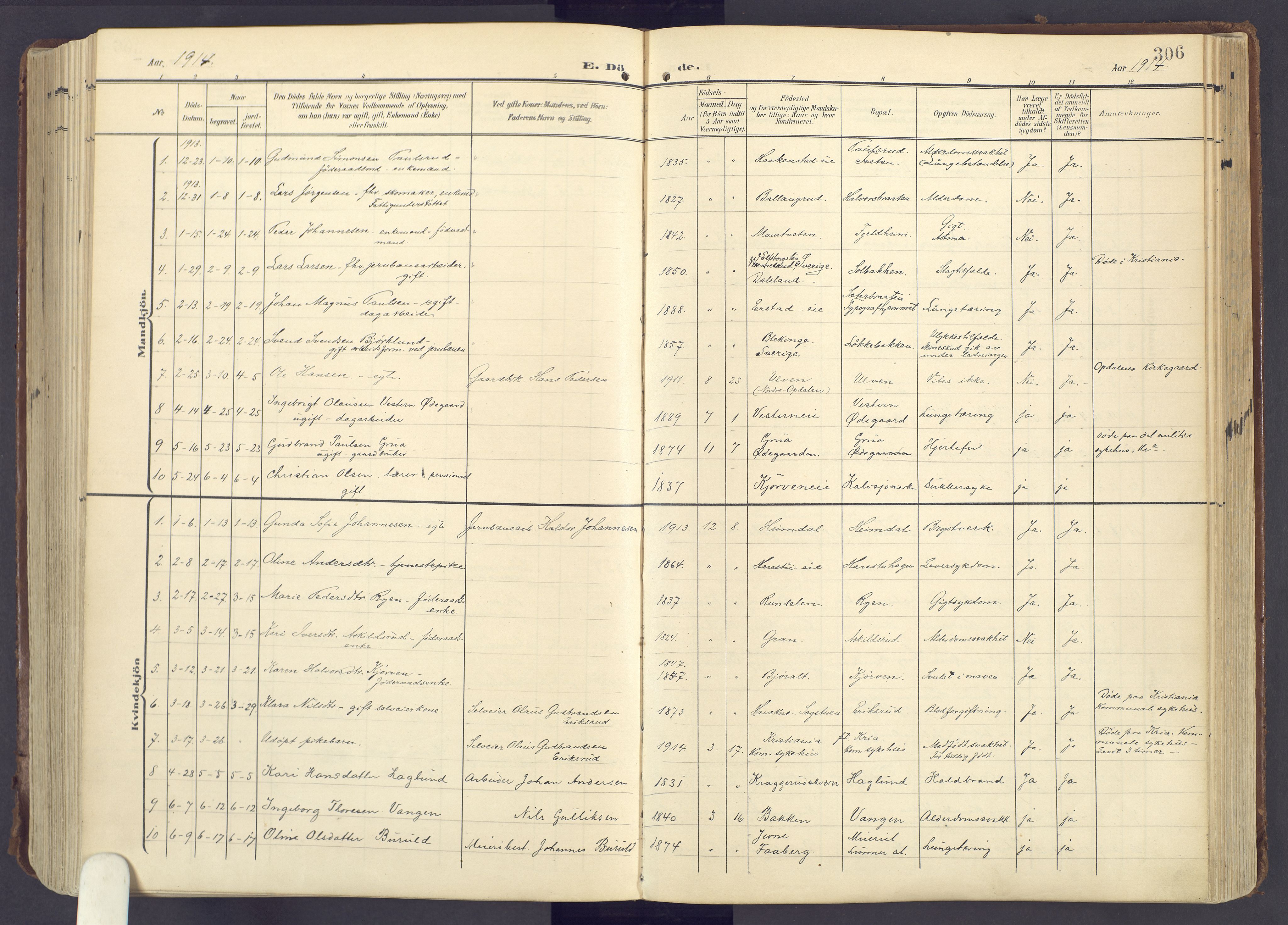 Lunner prestekontor, SAH/PREST-118/H/Ha/Haa/L0001: Parish register (official) no. 1, 1907-1922, p. 306