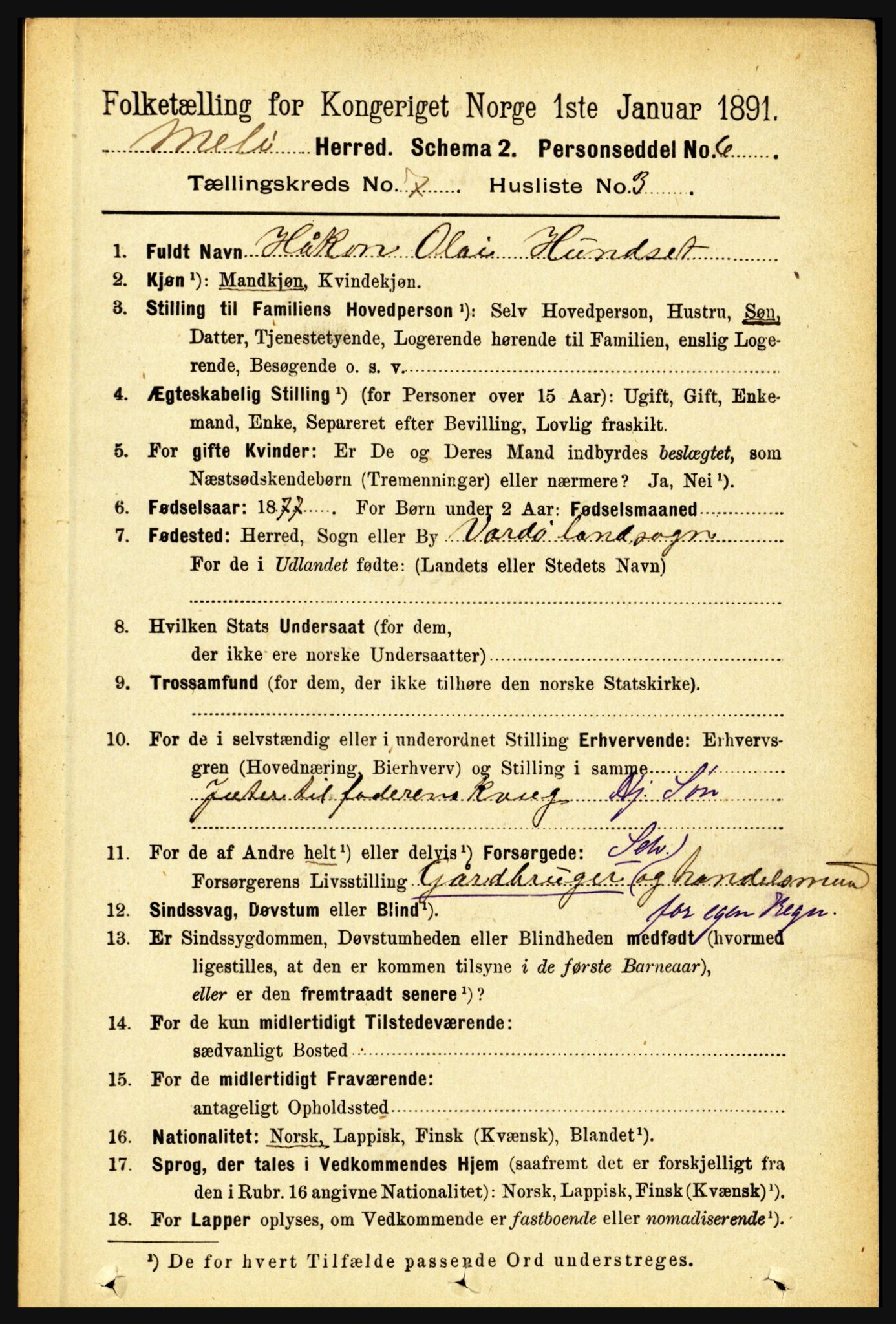 RA, 1891 census for 1837 Meløy, 1891, p. 2879