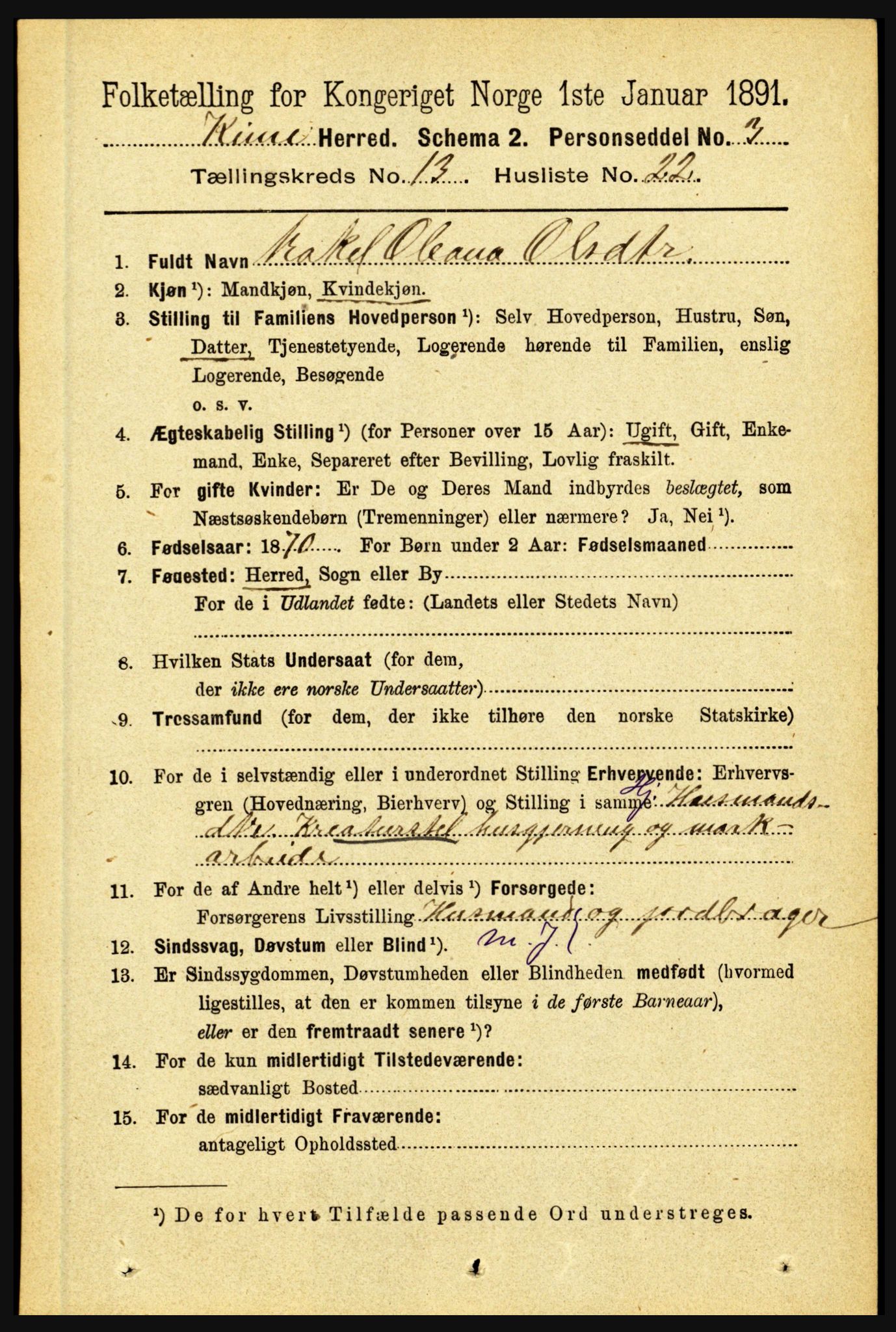 RA, 1891 census for 1437 Kinn, 1891, p. 5218