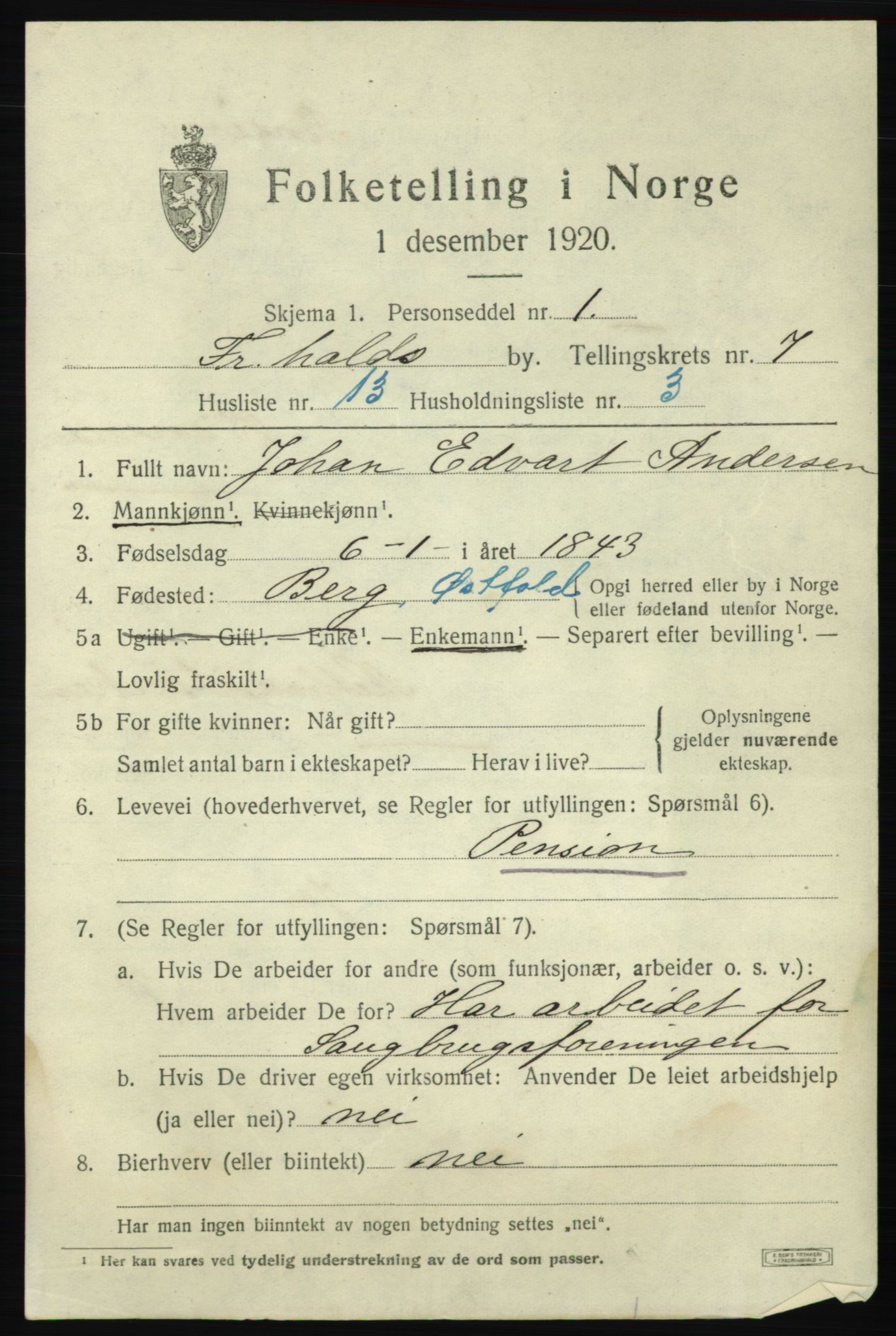 SAO, 1920 census for Fredrikshald, 1920, p. 14116