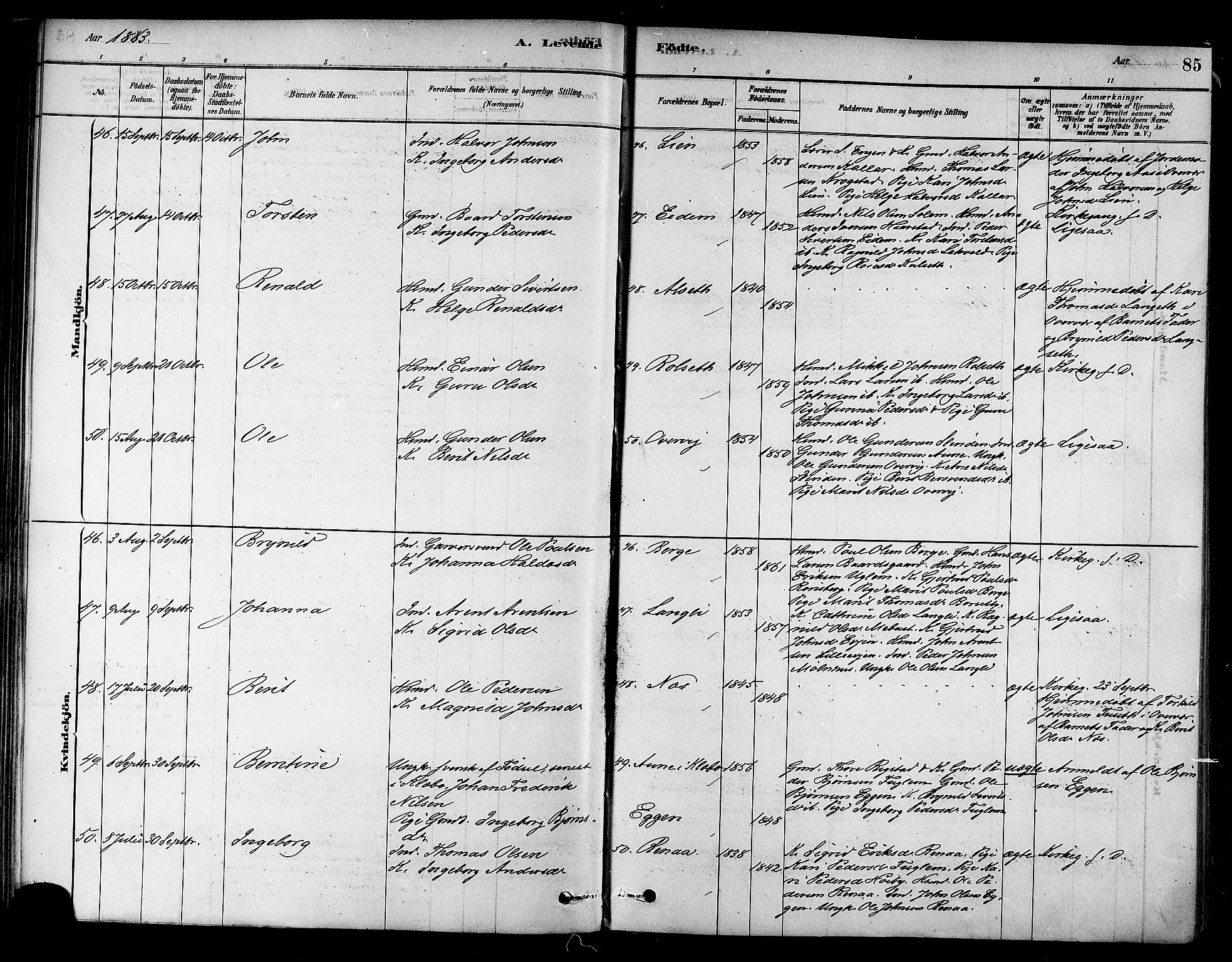 Ministerialprotokoller, klokkerbøker og fødselsregistre - Sør-Trøndelag, AV/SAT-A-1456/695/L1148: Parish register (official) no. 695A08, 1878-1891, p. 85