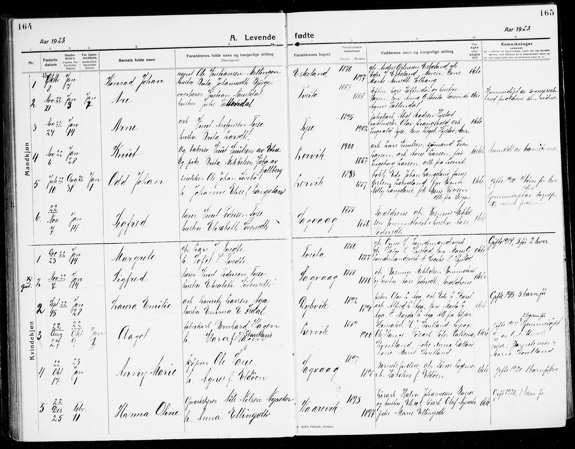 Stord sokneprestembete, SAB/A-78201/H/Haa: Parish register (official) no. B 3, 1913-1925, p. 164-165