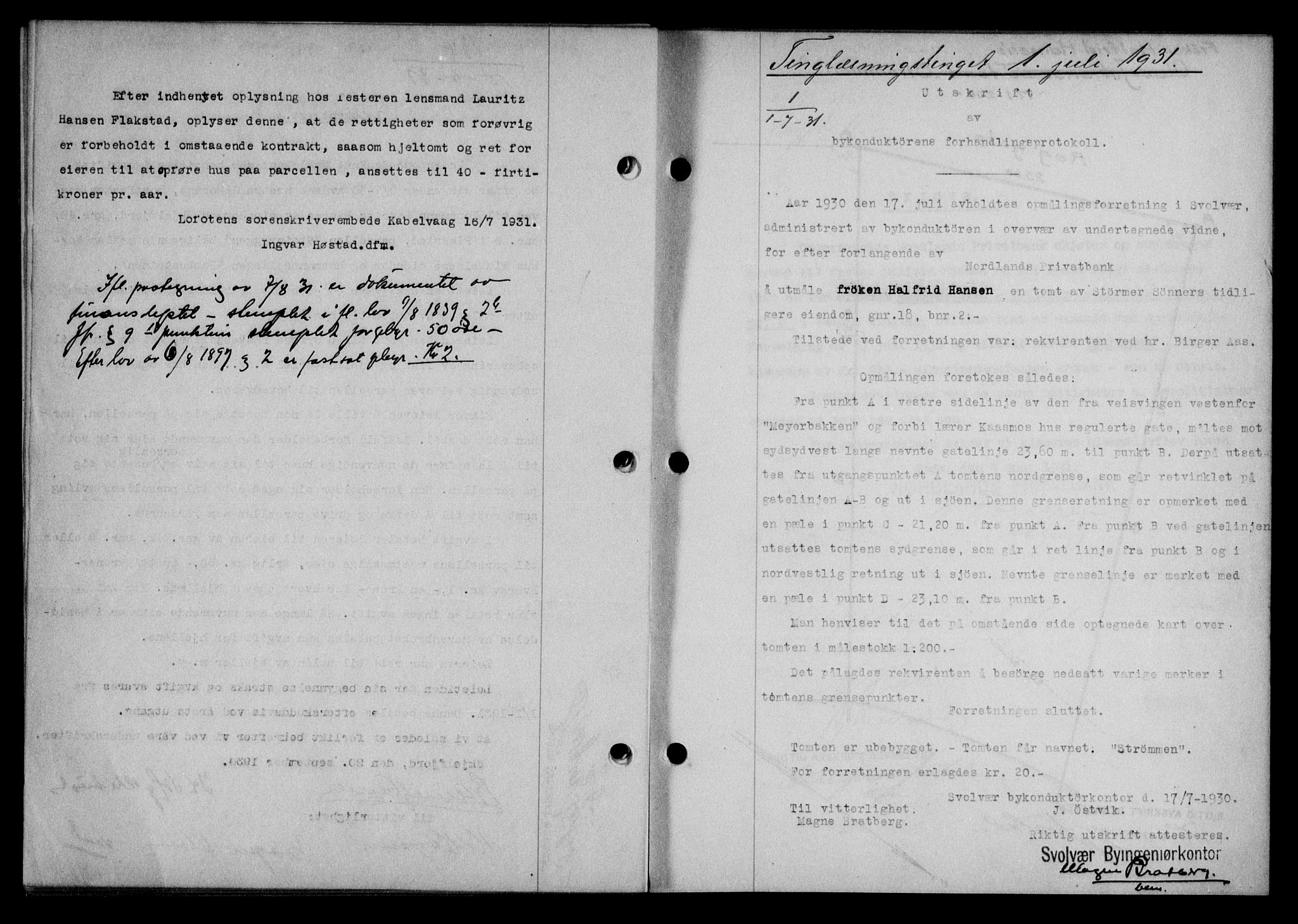 Lofoten sorenskriveri, SAT/A-0017/1/2/2C/L0023b: Mortgage book no. 23b, 1931-1931, Deed date: 01.07.1931