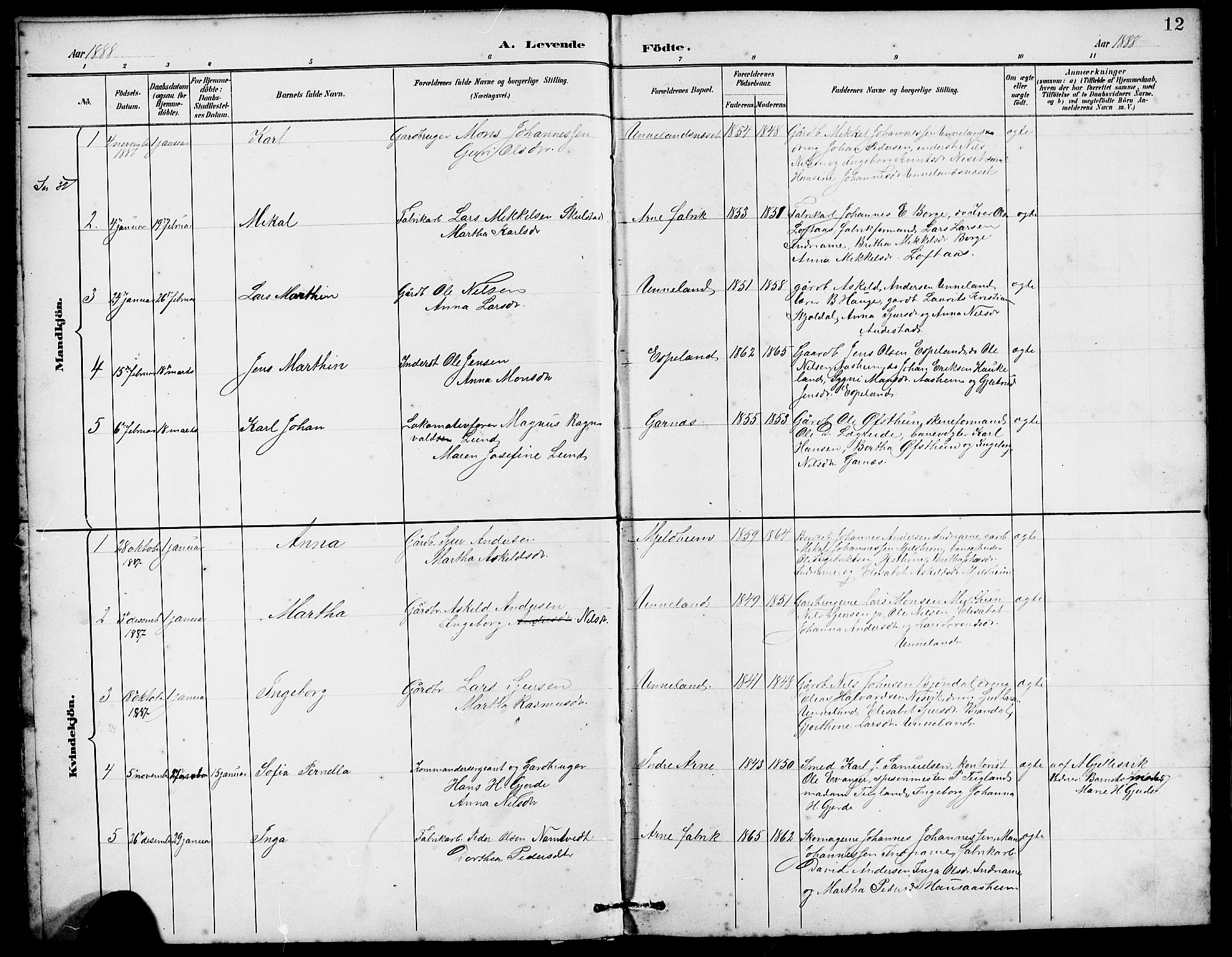 Arna Sokneprestembete, SAB/A-74001/H/Ha/Hab: Parish register (copy) no. A 3, 1887-1897, p. 12
