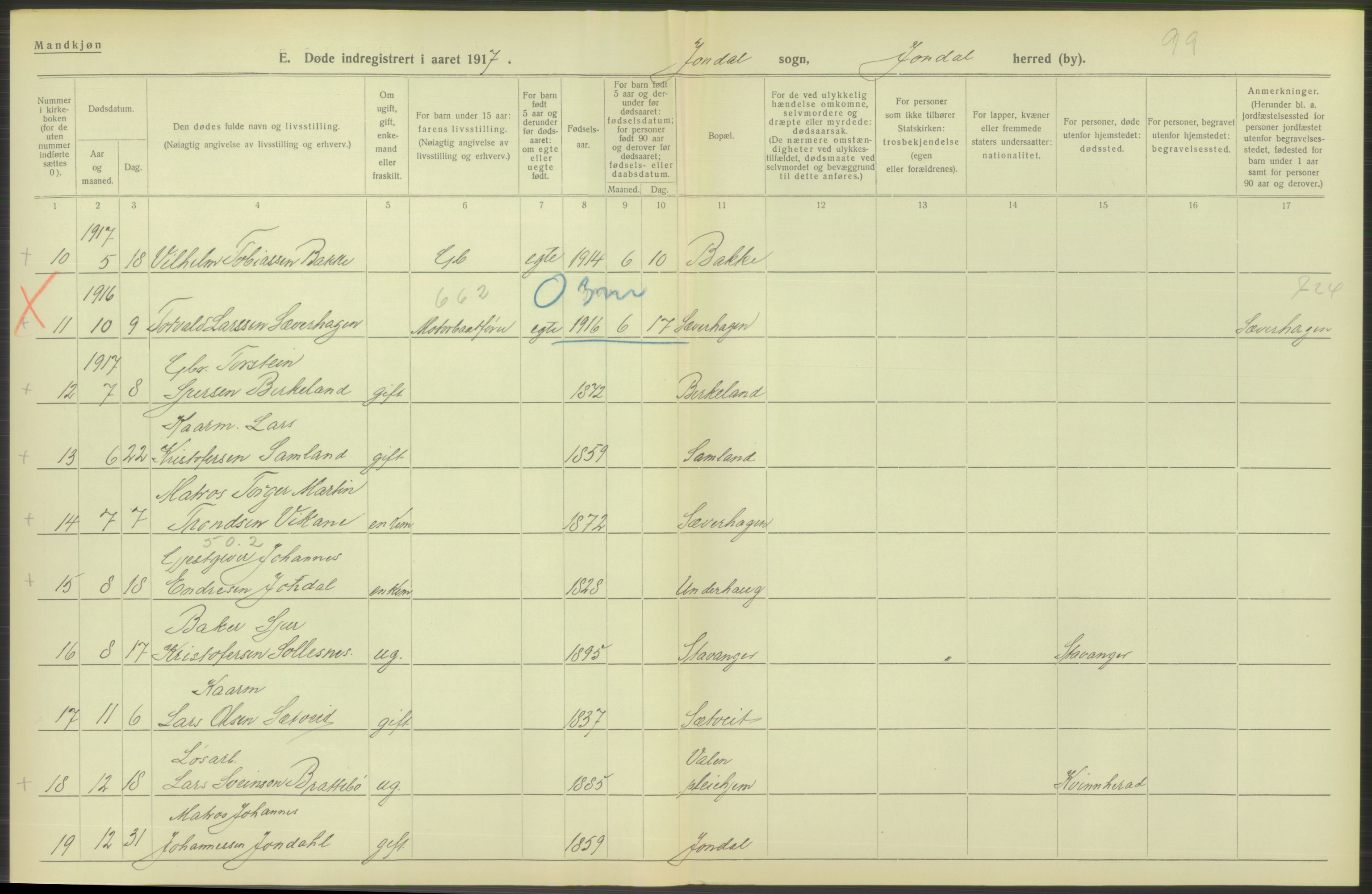 Statistisk sentralbyrå, Sosiodemografiske emner, Befolkning, RA/S-2228/D/Df/Dfb/Dfbg/L0036: S. Bergenhus amt: Døde, dødfødte. Bygder., 1917, p. 638