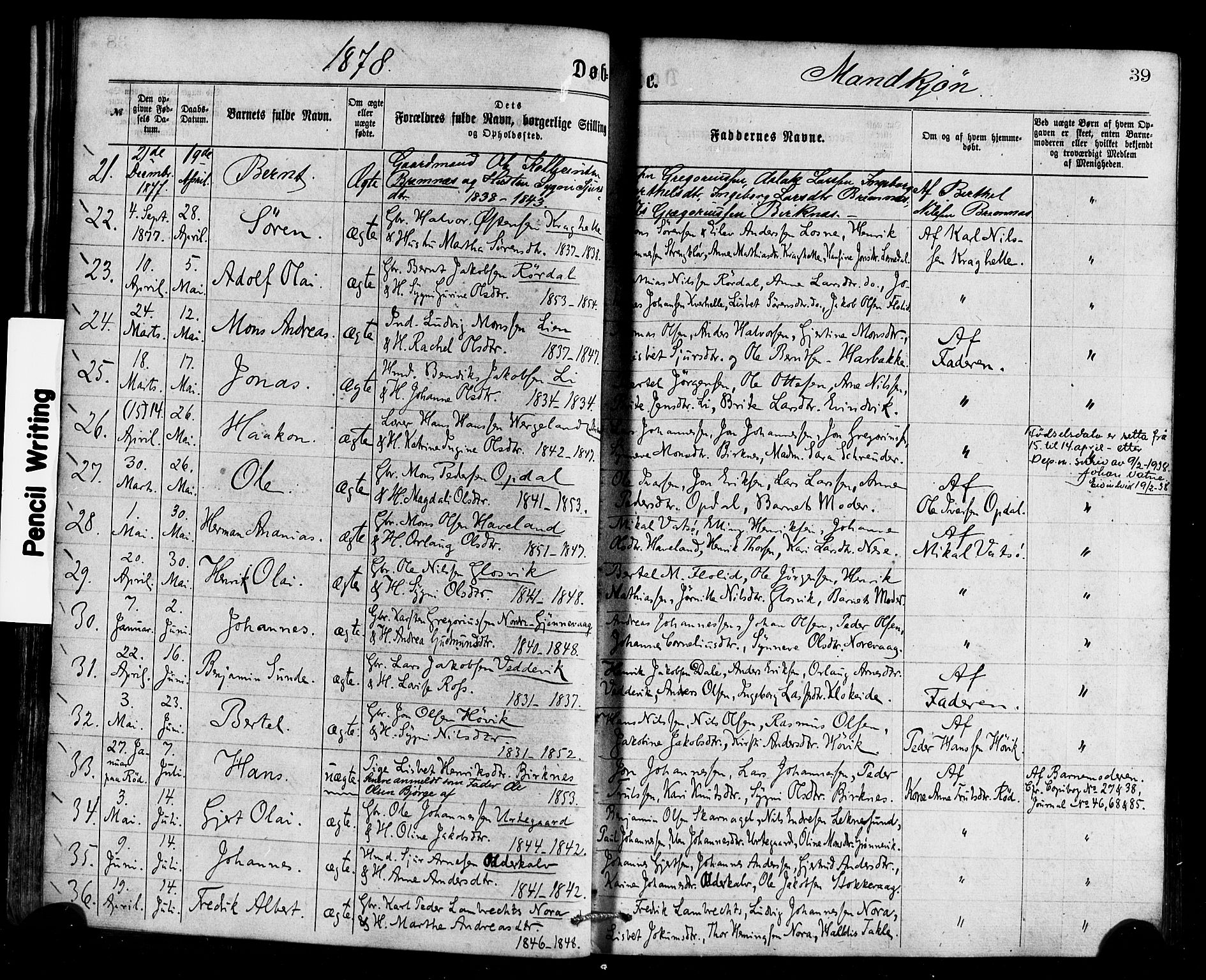 Gulen sokneprestembete, SAB/A-80201/H/Haa/Haaa/L0023: Parish register (official) no. A 23, 1870-1880, p. 39